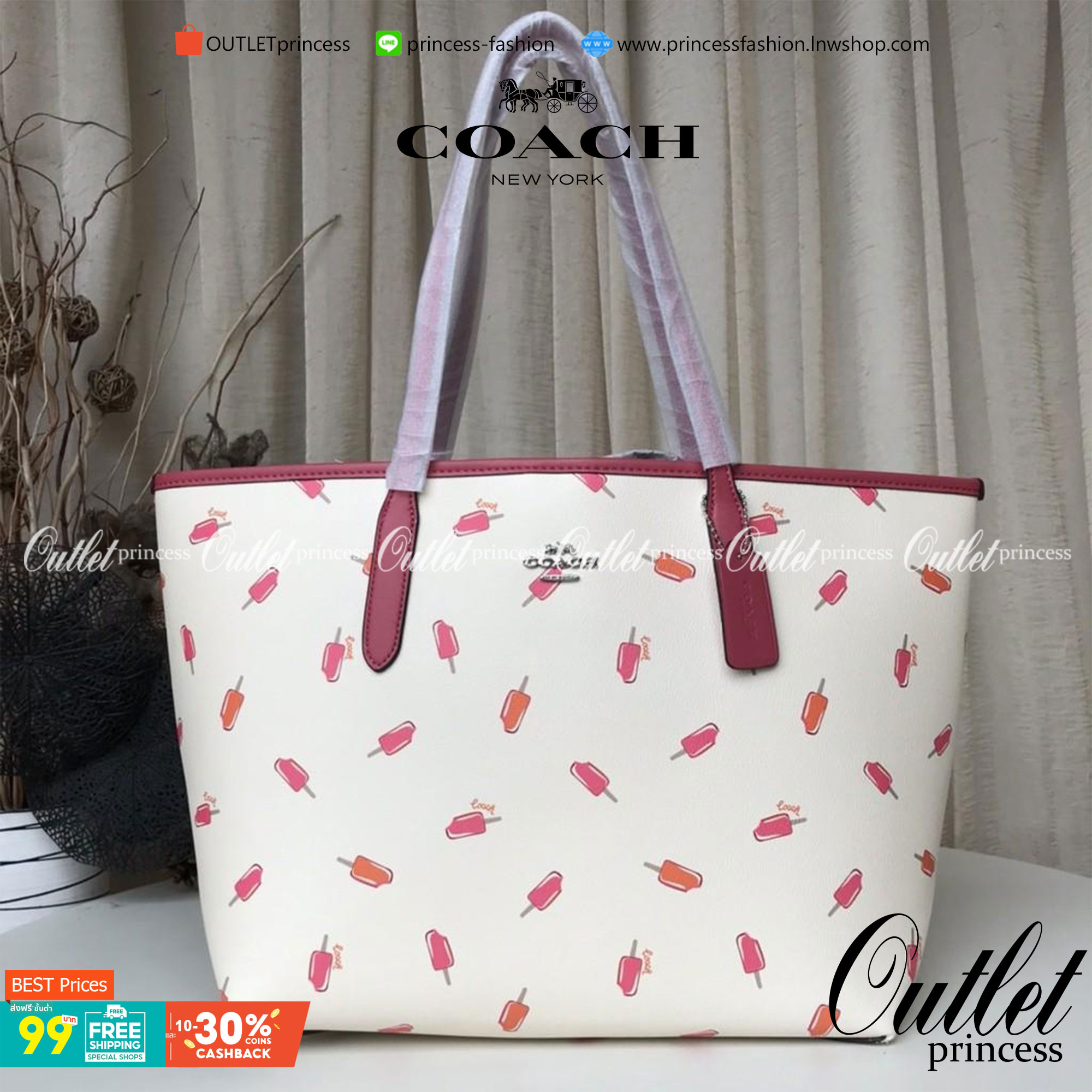 OUTLET 】COACH C4119 CITY TOTE WITH APPLE PRINT COACH CITY TOTE WITH POPSICLE PRINT C4277 แจกความน่ารักสดใส ด้วย 2 รุ่น กับเหล่าแอปเปิ้ลเขียวที่ยกมาทั้งสวน!! และลวดลายไอศครีมโทนชมพูแสนหวาน ดีไซน์ดึงดูดความสนใจได้ดีเลยทีเดียว กระเป๋าทรงช็อปปิ้งใบใหญ่ ที่จุย