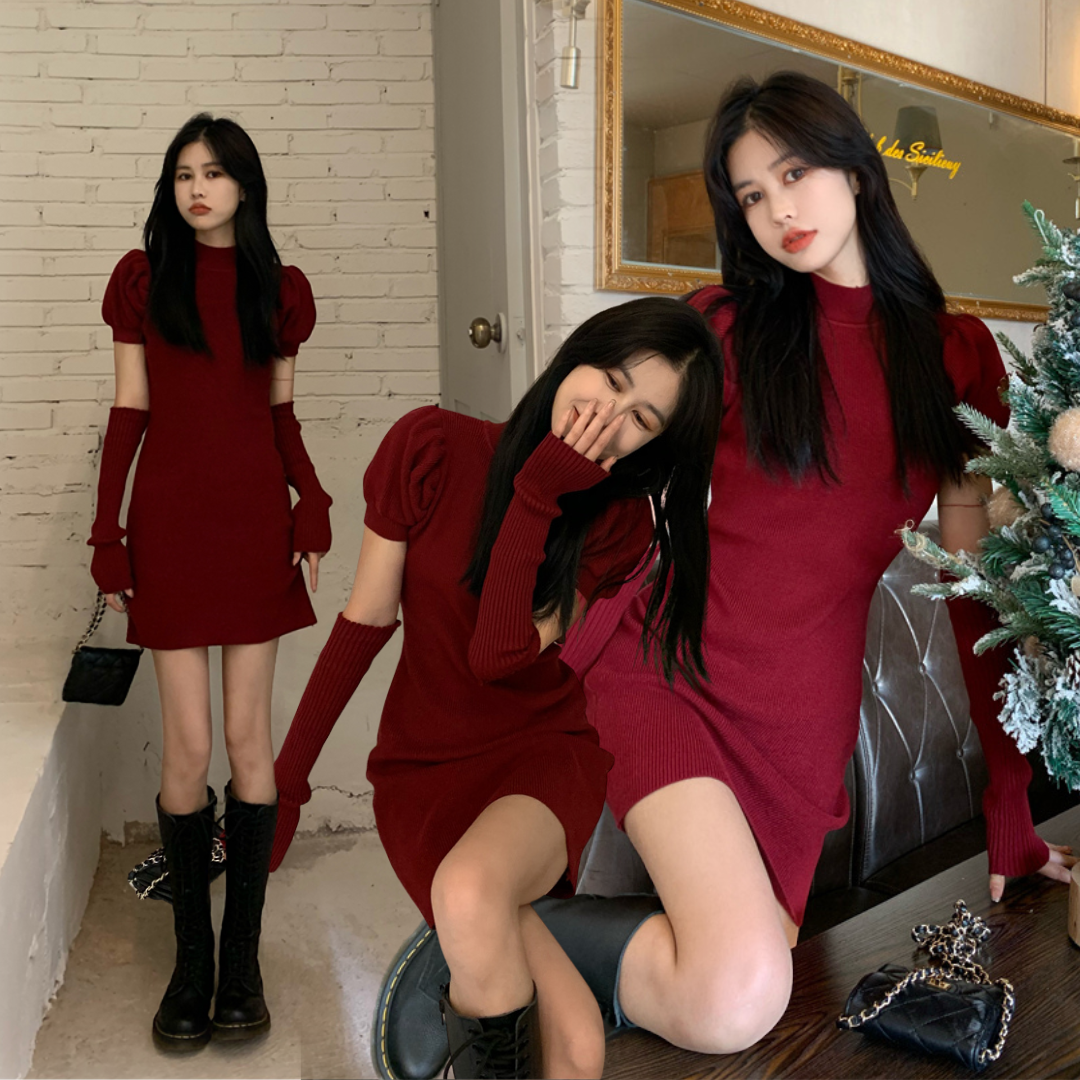 พร้อมส่ง 🚢🖍🔖 Chisa dress เดรสสั้นแขนจั้มปลอกแขนสีแดงเข้ม (IN38279)