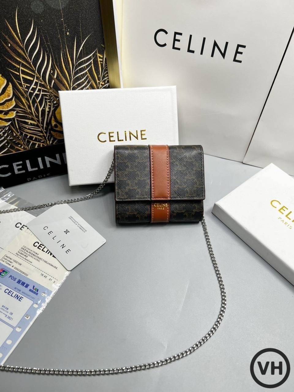 ORI หนังแท้ | CELINE SMALL TRIFOLD WALLET ON CHAIN / CELINE Wallet กระเป๋าสตางค์ใบสั้น 3 พับ พร้อมสายสะพายโซ่ กระเป๋าสตางค์ซีลีน