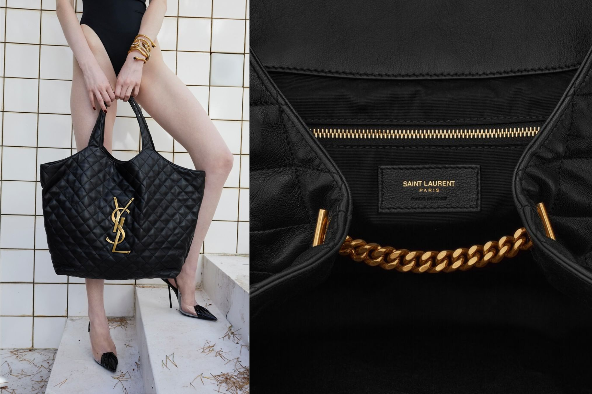 YSL icare maxi shopping bag in quilted lambskin / YSL tote bag กระเป๋าไซส์ใหญ่ พร้อมใบเล็ก หนังบุนิ่มเย็บลายตาข่าย (Quilted Bag) ดีไซน์คล้ายตะกร้าช็อปปิ้ง โฉบเฉี่ยวกว่าหลายระดับด้วยการประดับฮาร์ดแวร์ทองเหลืองในตัวอักษร YSL บนหนังสีดำสร้างความสะดุดตา มอบสไ