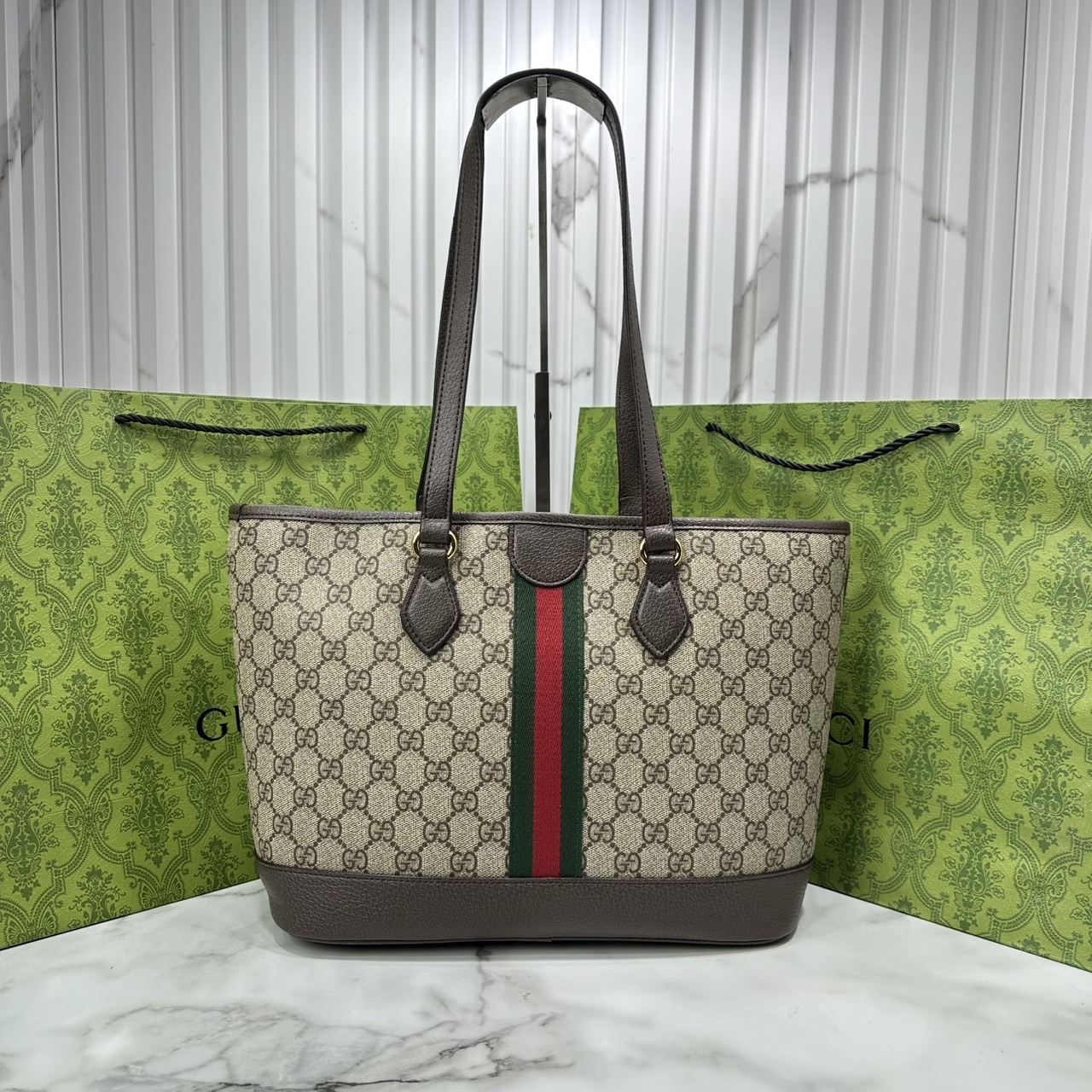 ORI หนังแท้ | Gucci Ophidia medium tote bag GG Monogram Double G / Gucci Tote Bag กระเป๋าสะพายทรงโท้ทใบใหญ่ ภายในโล่งกว้างจุของได้เยอะ