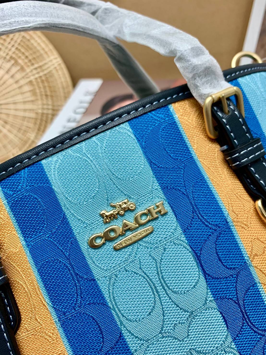 COACH C4086 MOLLIE TOTE 25 IN SIGNATURE JACQUARD WITH STRIPES แจกความสดใสด้วยลุคคัลเลอร์ฟูล กระเป๋าทรงโท้ท มินิไซส์ ตกแต่งลายเอกลักษณ์ถักทออยู่บนผ้า jacquard ตัดกับลายเส้นสีสันสวยงาม ลงตัวไม่ซ้ำใคร ภายในเป็นช่องโล่ง มีช่องซิปกลางใส่ของได้ ขนาดกำลังดีแบบใส