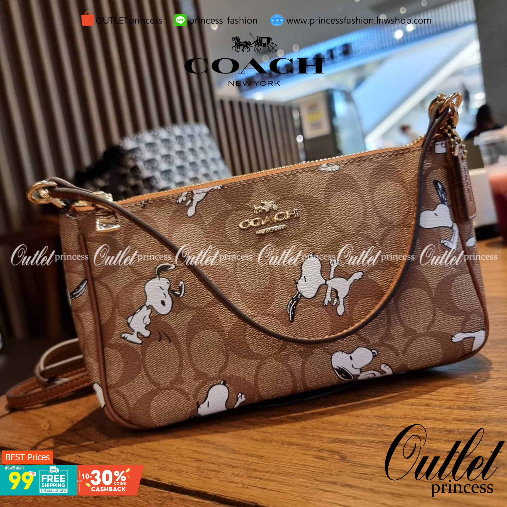 COACH F36674 TOP HANDLE POUCH IN SIGNATURE WITH SNOOPY PRINT คอลเลคชั่นใหม่ ในสไตล์พอช มาให้ช้อปก่อนใครในไทยจ้า น่ารักน่าใช้ไปอีกกับกระเป๋าสะพายทรงฮิตตลอดกาล ด้วยดีไซน์ที่ออกมาให้ใช้งานได้ง่าย ขนาดกำลังเหมาะ วัสดุแคนวาสทนทาน ดีไปหมดขนาดนี้!! คุณลูกค้าถึงส