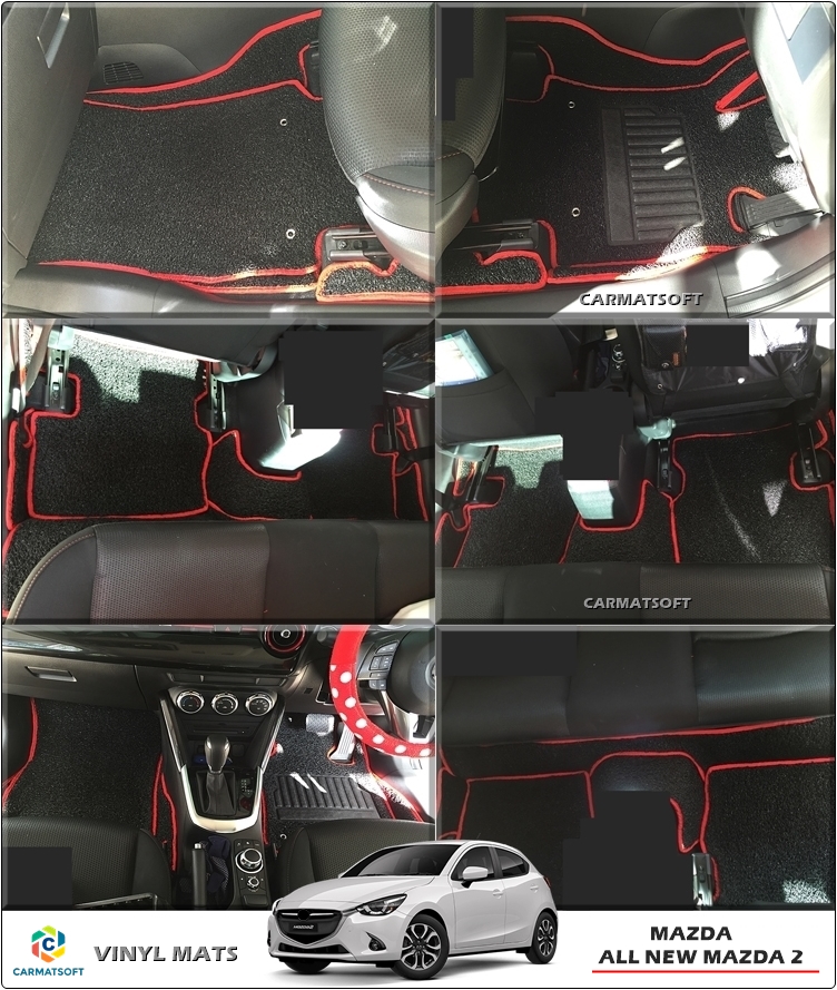 พรมดักฝุ่นไวนิล MAZDA 2 2015-23 สีดำขอบแดง เต็มคัน 15ชิ้น