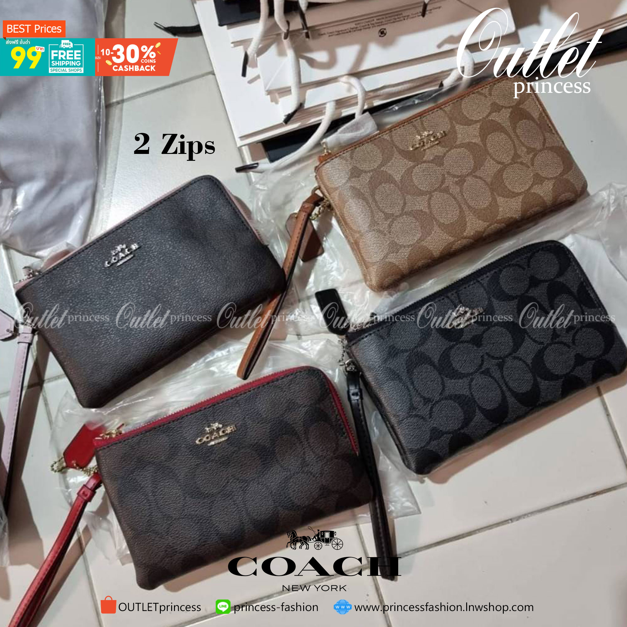 COACH F87591 DOUBLE CORNER ZIP WALLET IN SIGNATURE COATED CANVAS คล้องมือรุ่น 2 ซิป!! มาแล้วจ้า 🌟🤗 ไซส์นี้คือเหมาะมือจริงๆ พกง่ายเช่นเคย ไม่ต้องกังวลว่าจะเกะกะหรือกินพื้นที่กระเป๋าหลัก วัสดุหนังแคนวาสเคลือบลาย มีช่องหลักแยก 2 ช่อง ภายในบุผ