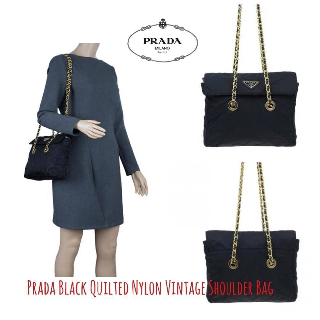 Prada Black Quilted Nylon Vintage Shoulder Bag ถือว่าเป็นแบรนด์ที่ได้รับการขนานนามว่าเป็น "แบรนด์คลาสสิกที่แปลกใหม่ ดูเก่าแต่ทันสมัย" กระเป๋าสะพายไหล่ใบนี้ วัสดุเป็นไนลอนที่ถือเป็น Iconic ของแบรนด์ มาพร้อมกับดีเทลที่ใช้สายสะพายโซ่ร้อยเข้ากับหนัง