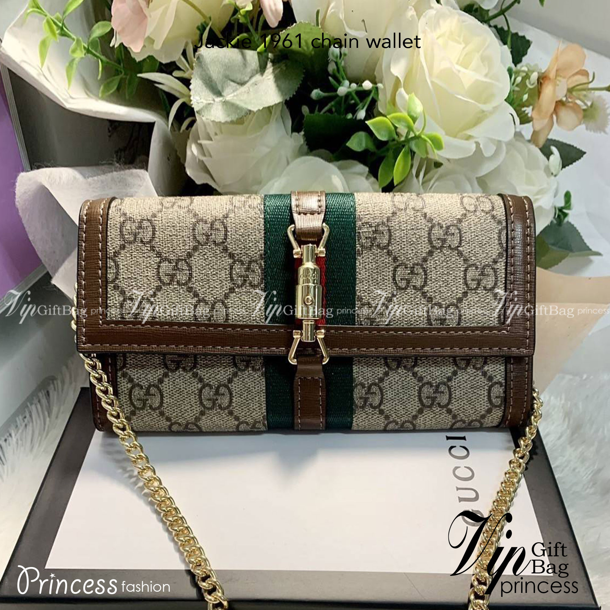 GUCCI Jackie 1961 chain wallet กระเป๋าสตางค์ใบยาวพร้อมสายสะพายโซ่สีทอง ขนาดพกพา หยิบจับถนัดมือ