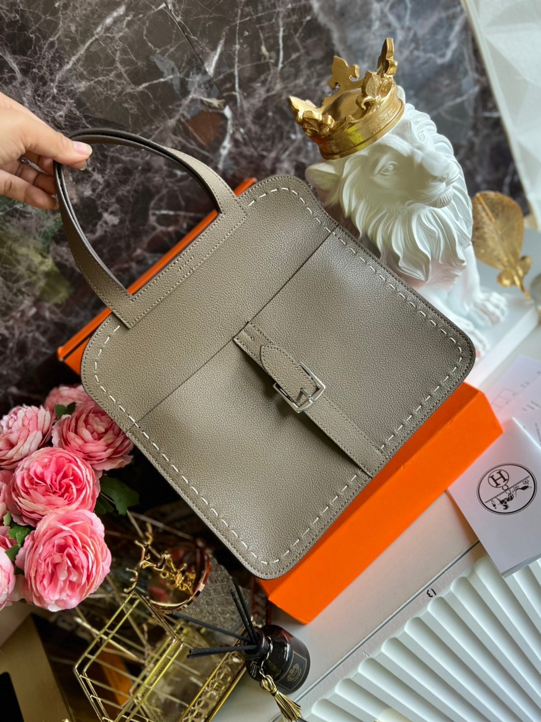 HERMES Halzan Bag Luxury Bag แบรนด์ดังงานหนังแท้สวย เกรดท็อปออริจินอล ภาพสินค้าถ่ายจากงานขายจริง