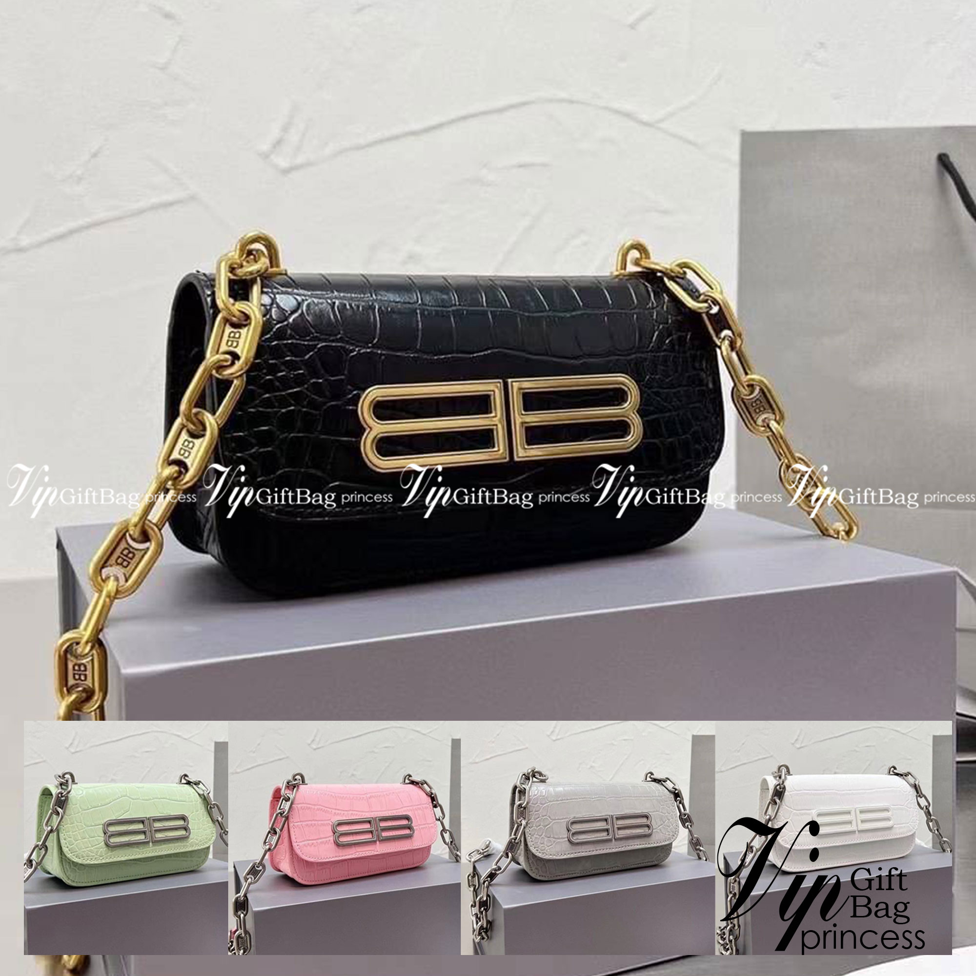 BALENCIAGA BB Logo Crocodile Embossed Leather Wallet on Chain กระเป๋าสะพายขนาดมินิน่ารัก หนังสวยลาย Croc พร้อมสายสะพายโซ่ปั้มแบรนด์ BB สวยหรูมากค่ะ เป็นดีไซน์ที่สามารถใช้ได้นาน ๆ เข้าได้กับทุกลุคอีกด้วยนะ