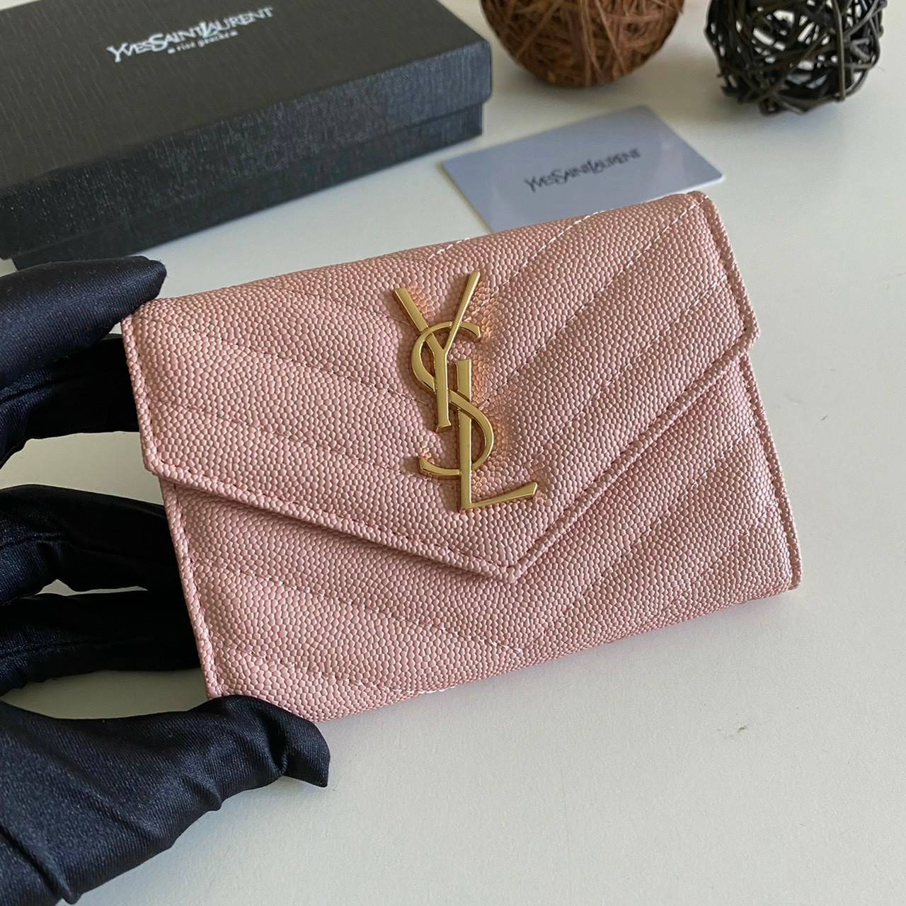 หนังแท้ 12cm YSL SAINT LAURENT GARD HOLDER Small Envelope Monogram Wallet
