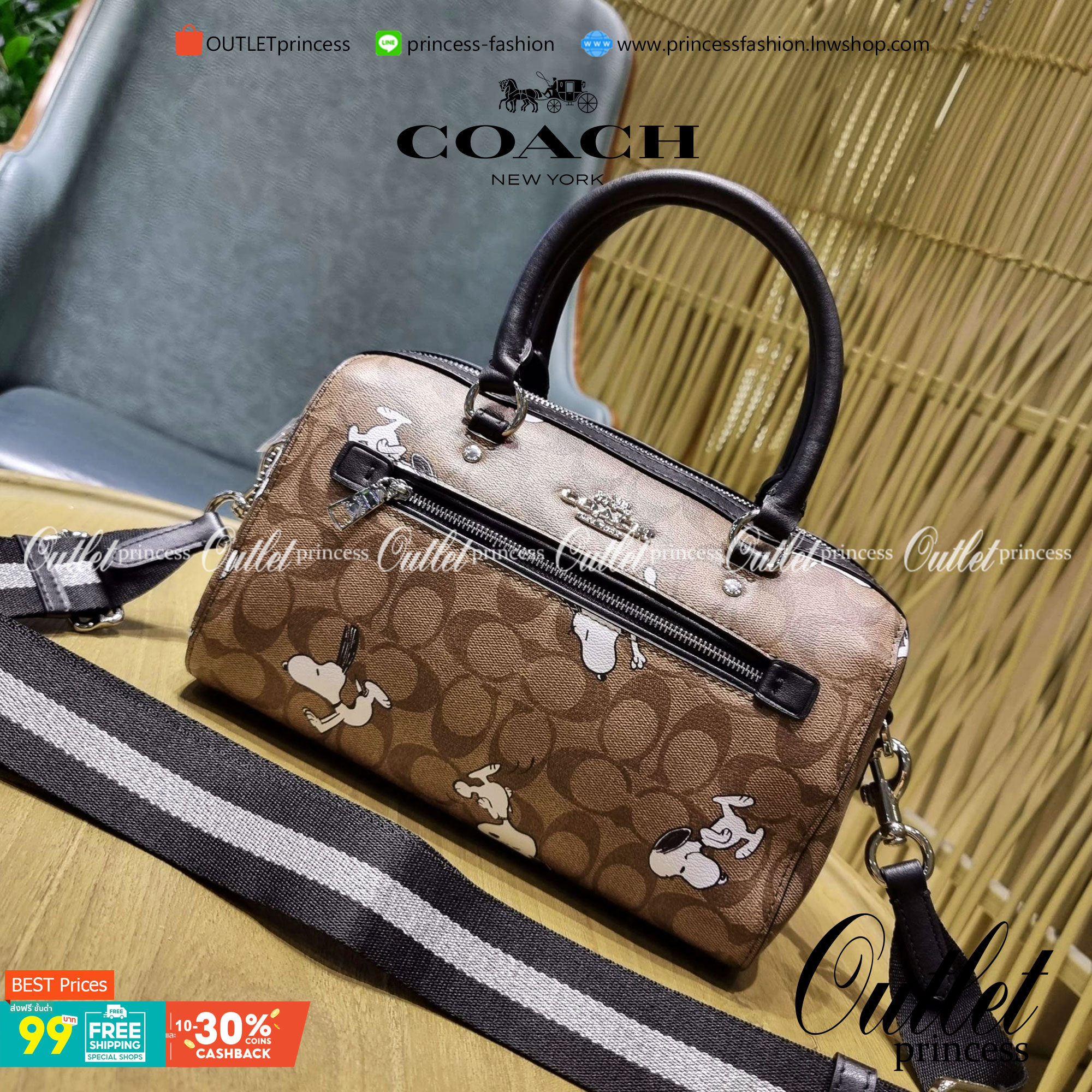 COACH C4118 COACH x PEANUTS ROWAN SATCHEL IN SIGNATURE CANVAS WITH SNOPPY PRINT สนูปพีที่สุดของคอลเลคชั่นแห่งความน่ารัก มาในดีไซน์ของกระเป๋าทรงหมอนยอดฮิต คลาสสิคใช้งานได้ไม่มีเบื่อ รอบนี้มาให้พร้อมสายสะพาย crossbody แบบสปอร์ต ทำให้ใช้งานได้อย่างกระฉับกระเ