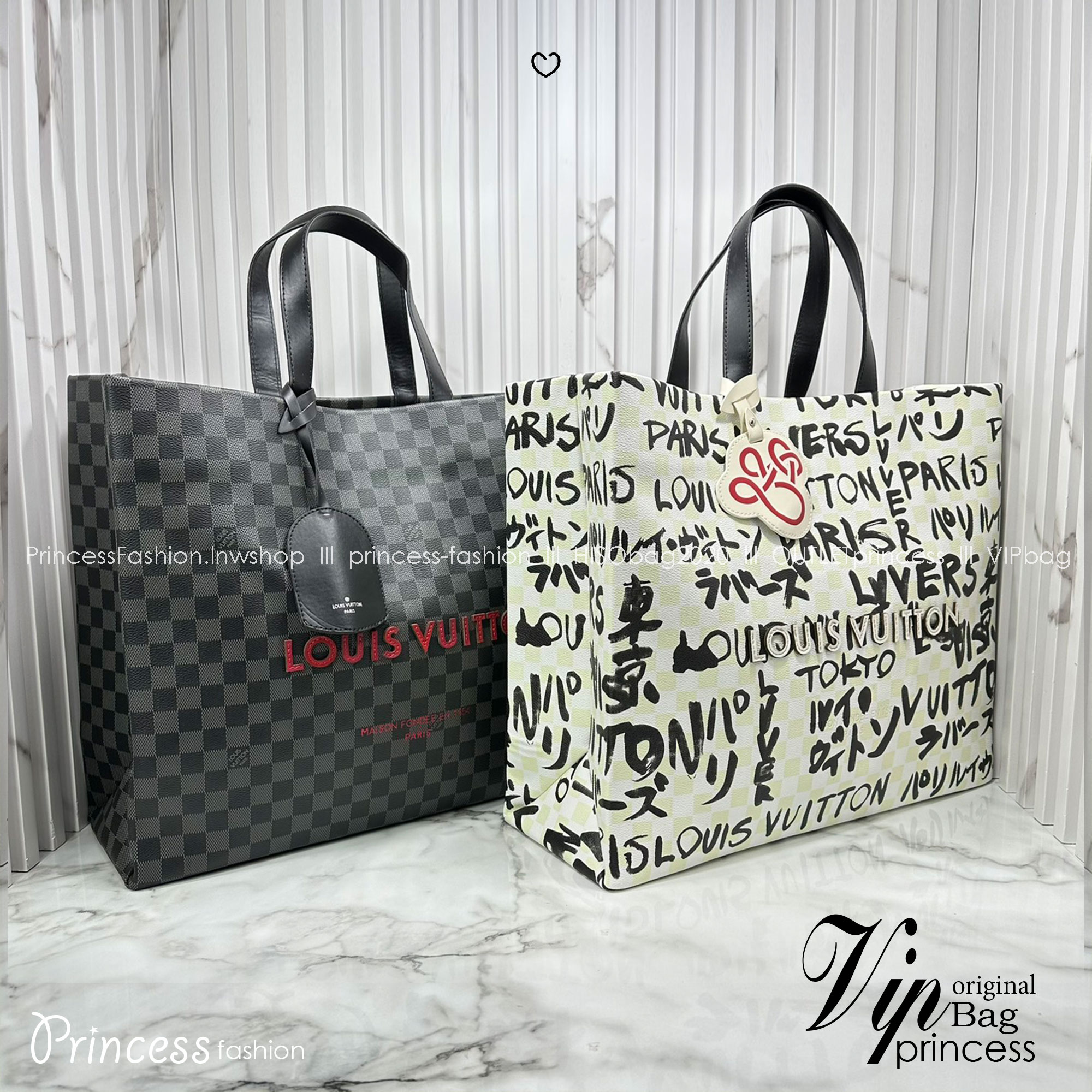 ORI หนังแท้ | LV Shopper Tote MM bag / Damier Black กระเป๋าทรงโท้ทใบใหญ่ แต่งลายตัวอักษรแบบลายมือเต็มใบ
