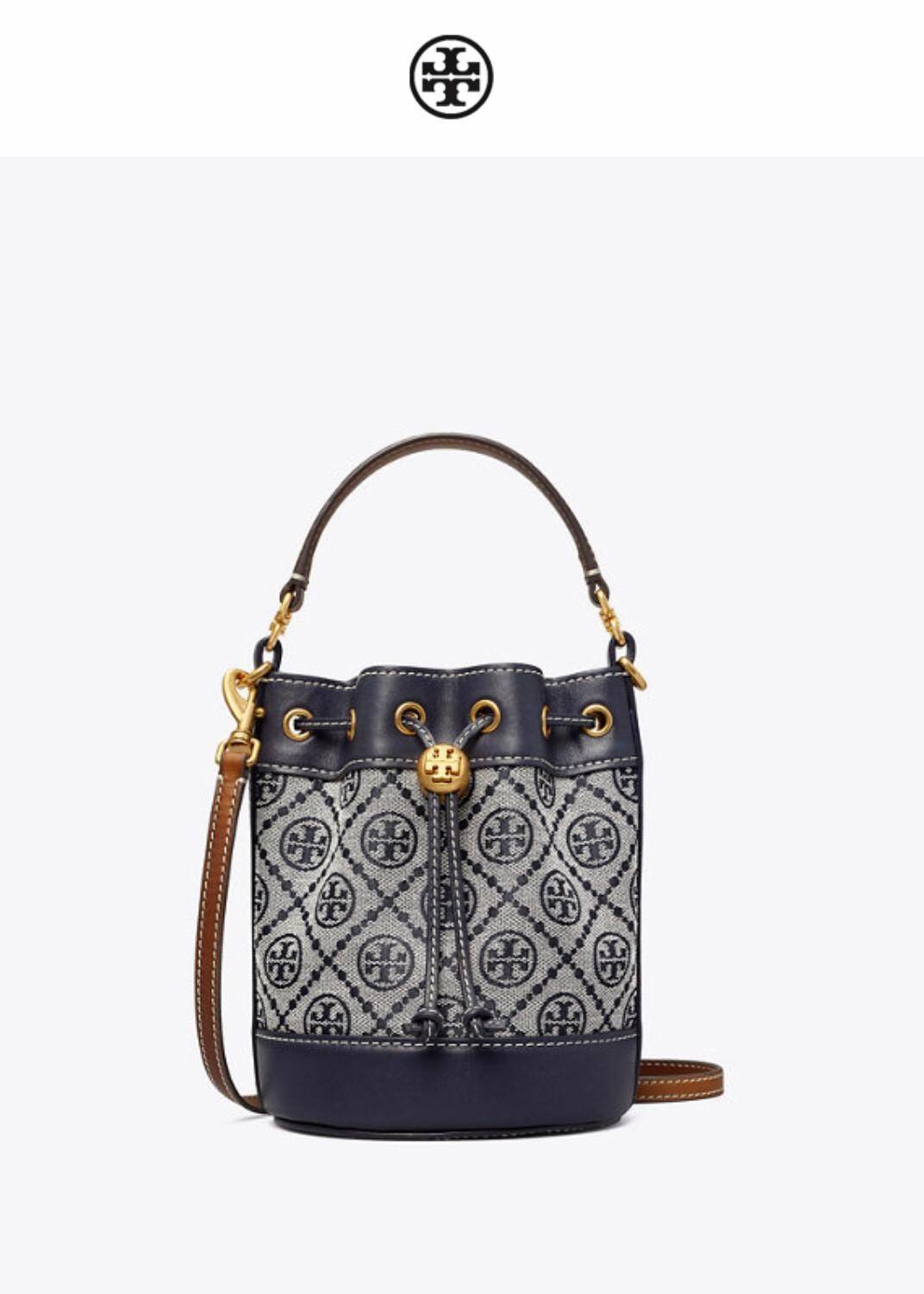 ของแท้ 💯% 】Tory Burch Monogram Jacquard Mini Bucket Bag กระเป๋าถือหรือสะพายไหล่ วัสดุผ้า Canvas โลโก้ Jacquard ทรงถัง ตั้งอยู่ทรง กระเป๋าปักลายแบรนด์ สวยหรู