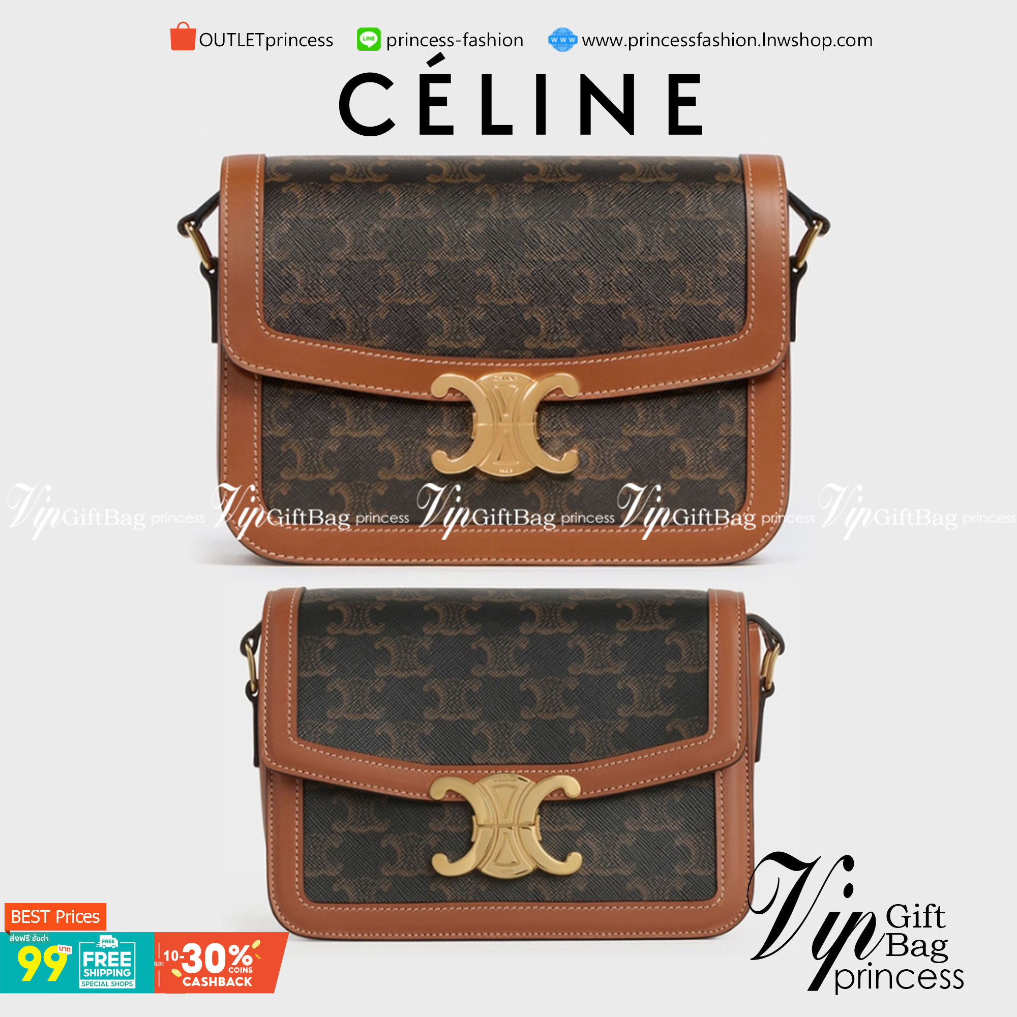 VIP 】𝗖𝗘𝗟𝗜𝗡𝗘 CROSSBODY VIP GIFT MEDIUM/TEEN TRIOMPHE BAG IN TRIOMPHE CANVAS AND CALFSKIN มี 2 ขนาด งานสวยอยู่ทรงเปิดปิดด้วยตัวล้อคด้านหน้า ภายในมีช่องใส่ของหลัก พร้อมช่องซิป ใส่กระเป๋าสตางค์กลาง + มือถือได้ ท