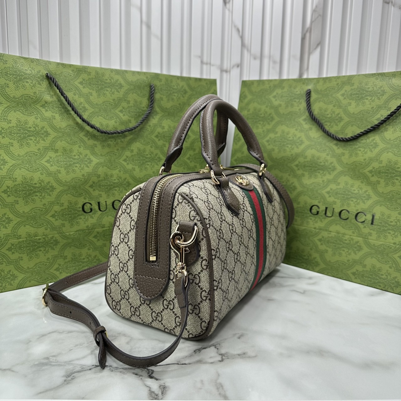 ORI หนังแท้ | Gucci Ophidia boston bag GG Monogram Double G / Gucci Keepall Bag กระเป๋าสะพายทรงหมอนบอสตัน รูปทรงใช้งานง่าย ฟังก์ชั่นการใช้งานที่ได้รับการตีความใหม่