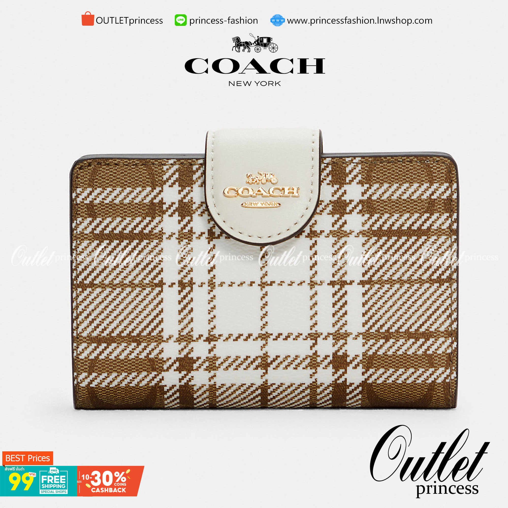 Coach Medium Corner Zip Wallet In Signature Canvas With Hunting Fishing Plaid Print (C6011) กระเป๋าสตางค์ขนาดกลางที่ถือว่าเป็นไอเทม Must Have ของทุกเพศทุกวัยที่ต้องพกติดตัวไว้ตลอดเวลา เพราะนอกจากจะช่วยจัดเก็บเงิน บัตรประชาชน บัตรเครดิตและต่าง ๆ ให้เป็นระเ