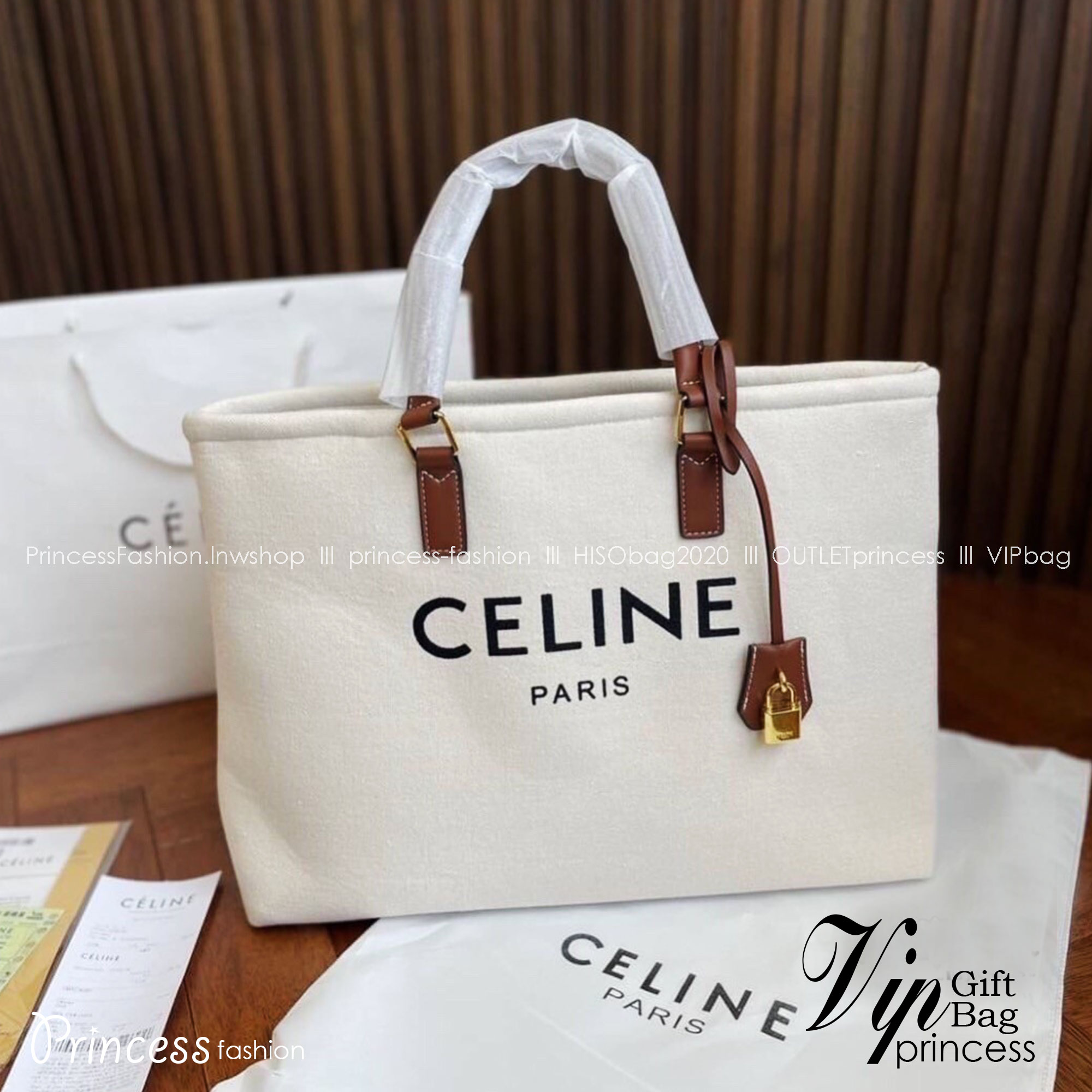 CELINE TOTE BAG / Celine Horizontal Cabas in Canvas with Celine print and calfskin 16" ไอเท็มสุดคิ้วท์ งานผ้าแคนวาสทรงชอปปิ้ง ตะเข็บสวย ปั๊มอะไหล่ ดีไซน์ทรง Shopping