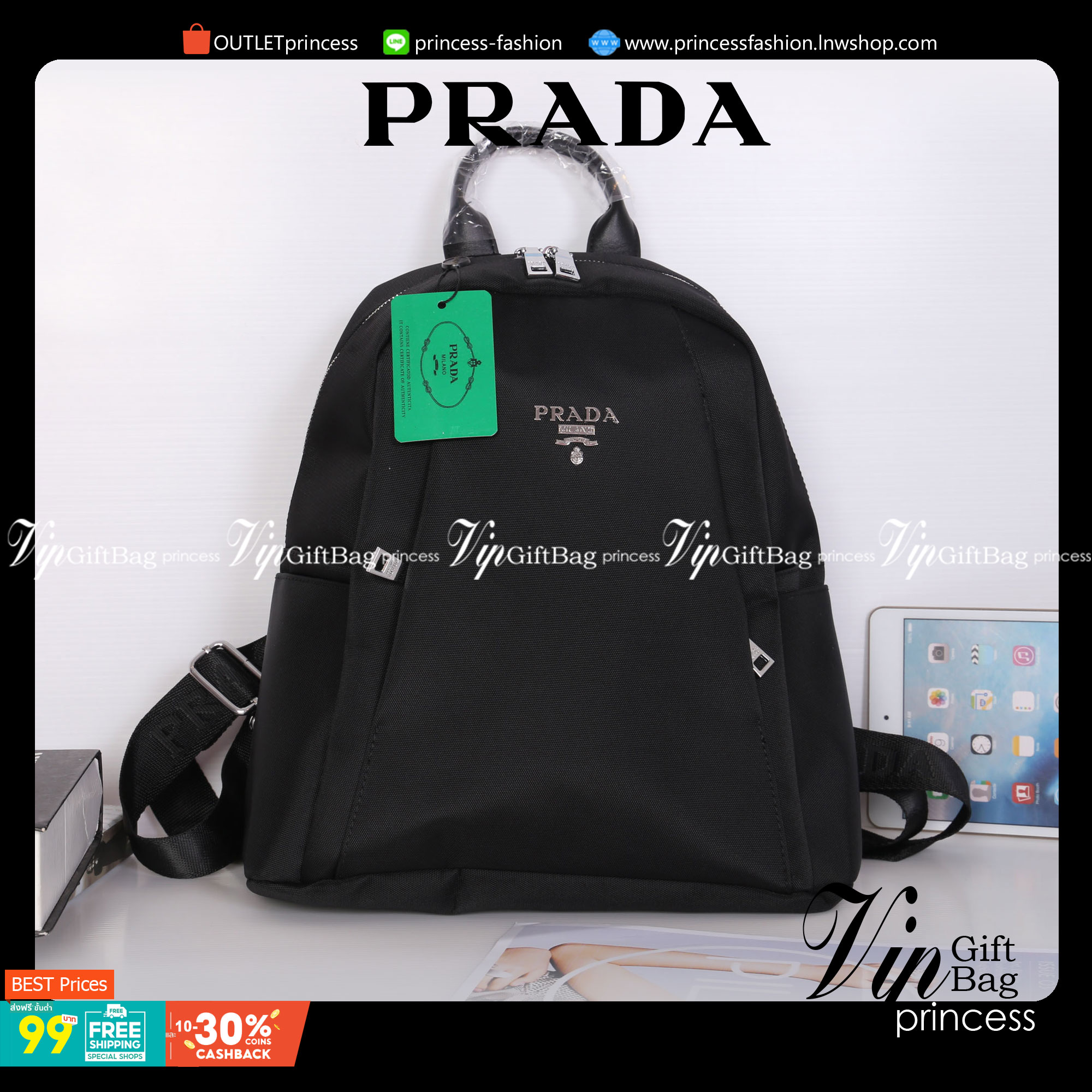 PRADA NYLON BACKPACK กระเป๋าเป้ Limited edition VIP Gift With Purchase (GWP) จากเคาน์เตอร์แบรนด์วัสดุ Nylon&Polyester เนื้อหนาคุณภาพดี น้ำหนักเบา ด้านหน้าประดับโลโก้แบรนด์ เปิดปิดด้วยซิป หูจับคุณภาพดีแข็งแรง สายสะพายหลังลายแบรนด์เลื่อนปรับได้ ด้านในโล่งกว