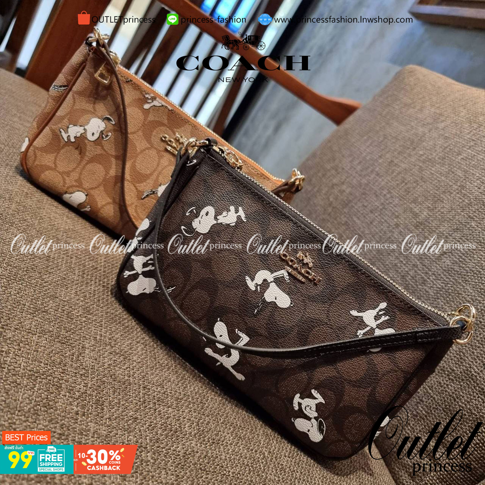 COACH F36674 TOP HANDLE POUCH IN SIGNATURE WITH SNOOPY PRINT คอลเลคชั่นใหม่ ในสไตล์พอช มาให้ช้อปก่อนใครในไทยจ้า น่ารักน่าใช้ไปอีกกับกระเป๋าสะพายทรงฮิตตลอดกาล ด้วยดีไซน์ที่ออกมาให้ใช้งานได้ง่าย ขนาดกำลังเหมาะ วัสดุแคนวาสทนทาน ดีไปหมดขนาดนี้!! คุณลูกค้าถึงส