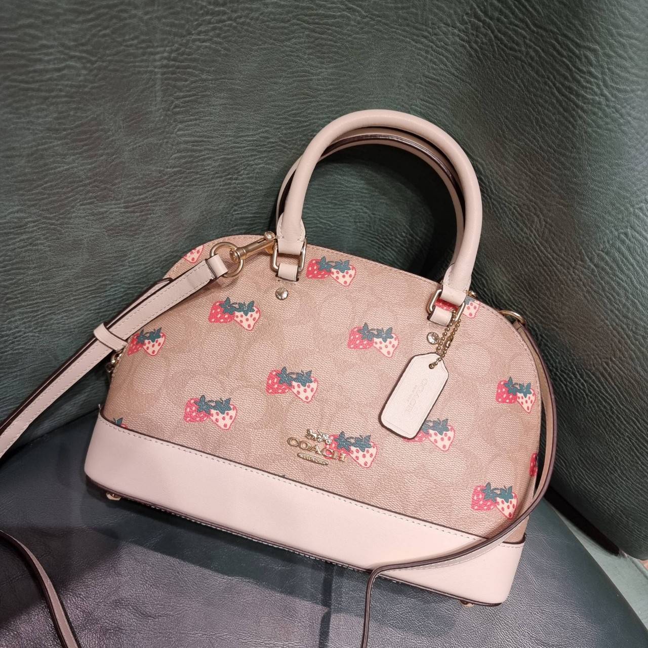 COACH 91514 MINI SIERRA SATCHEL IN SIGNATURE CANVAS WITH STRAWBERRY PRINT สายคุณหนูมารวมตัวกันตรงนี้เลยจ้า!! ละมุนกว่านี้ไม่มีแล้ว กับกระเป๋าทรงโดมสุดคลาสสิค เพิ่มดีเทลลูกเล่นลายสตรอเบอรี่ ให้มีความคิ้วท์แบบไม่เยอะเกินไป ลงตัวพอดี มาพร้อมหูจับในตัวและสายส
