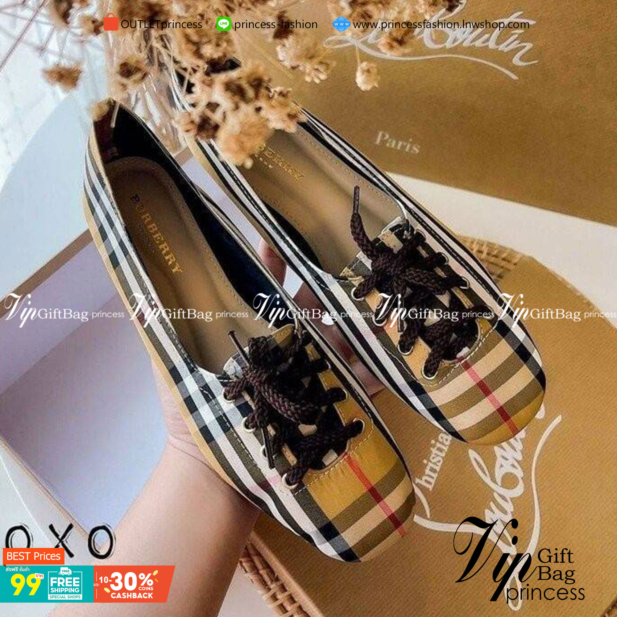 Burberry Flat Shoes คัชชูสไตล์ผ้าใบ ทรงเทย์ แมทส์ชุดง่าย สวมใส่ง่าย ผ้านุ่ม ทรงรองเท้ากว้าง ด้านหน้าเชือกถอดร้อยได้ วัสดุผ้าลายแบรนด์ งานจริง สวย เรียบร้อยมาก แนะนำค่ะ