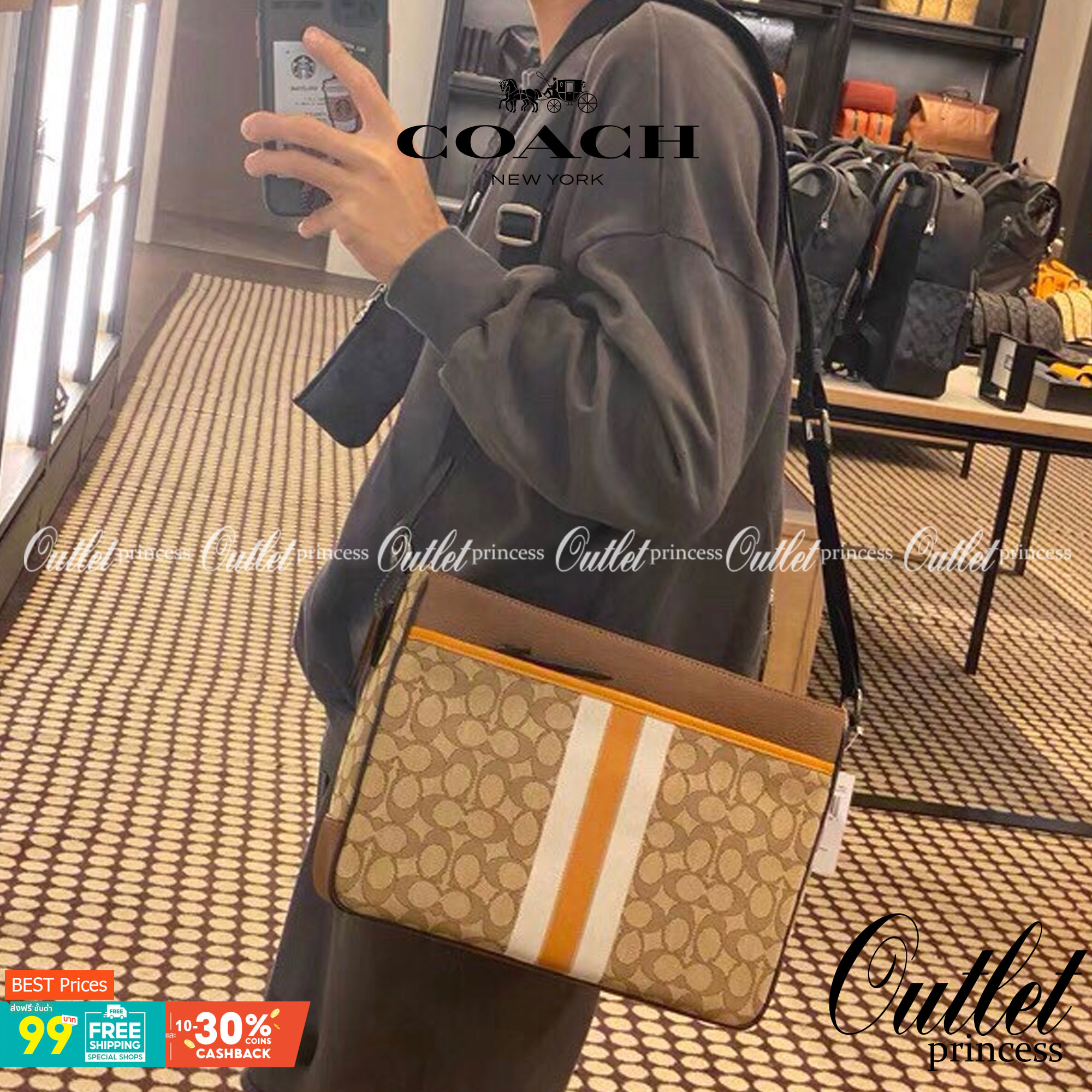 COACH THOMPSON IN SIGNATURE JACQUARD WITH VARSITY STRIPE BAG ((C5291)) พร้อมส่งที่ไทยค่ะ! กระเป๋าใส่เอกสารอเนกประสงค์ สามารถใส่A4ได้ วัสดุJacquardทอลายแบรนด์ ตัดขอบหนังแท้สวยงาม น้ำหนักบาค่ะ ด้านหน้าตัดแทบสีลงมาสวยงาม ช่องหลักเปิดปิดแบบซิป ภายในกว้างใส่สั