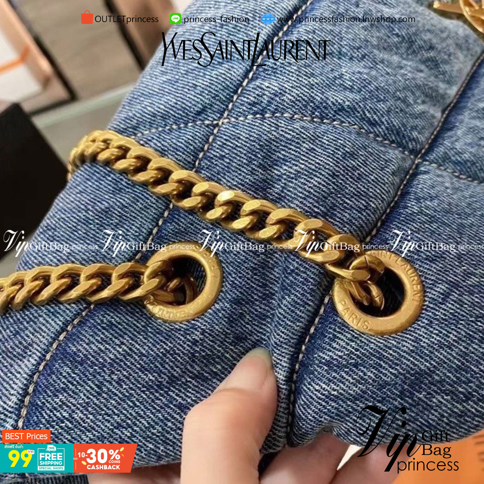 VIP 】YSL SAINT LAURENT Loulou Danim Shoulder Bagblue bag กระเป๋าสะพายผ้ายีนส์เดนิมควิลท์ อะไหล่ทอง สีตัดกันสวยมากค่ะ