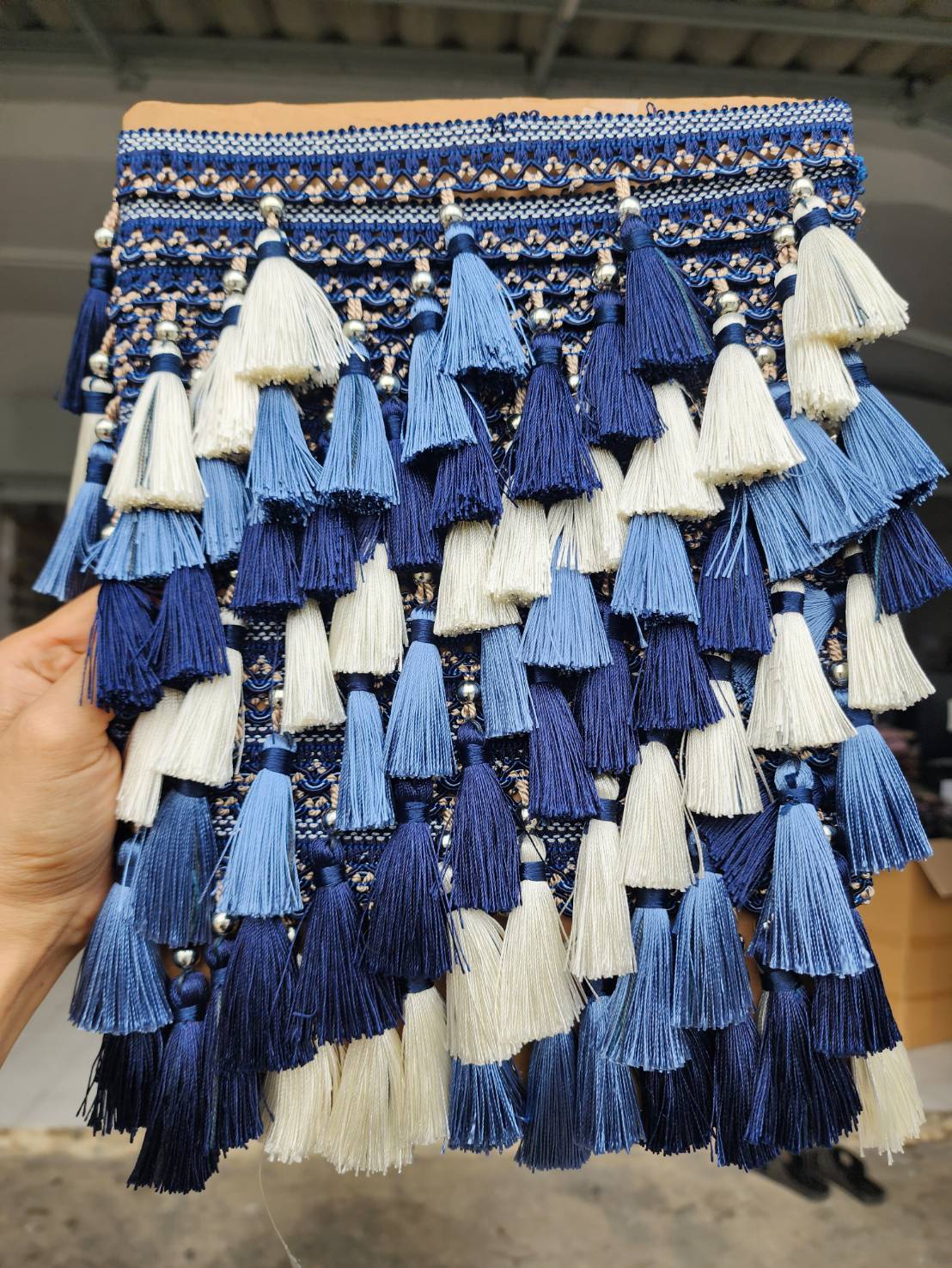 ชายครุย สีกรมน้ำเงิน(ขายยกพับ10หลา) (มีลูกปัดอย่างดี)รุ่นฺFขนาด4นิ้ว
