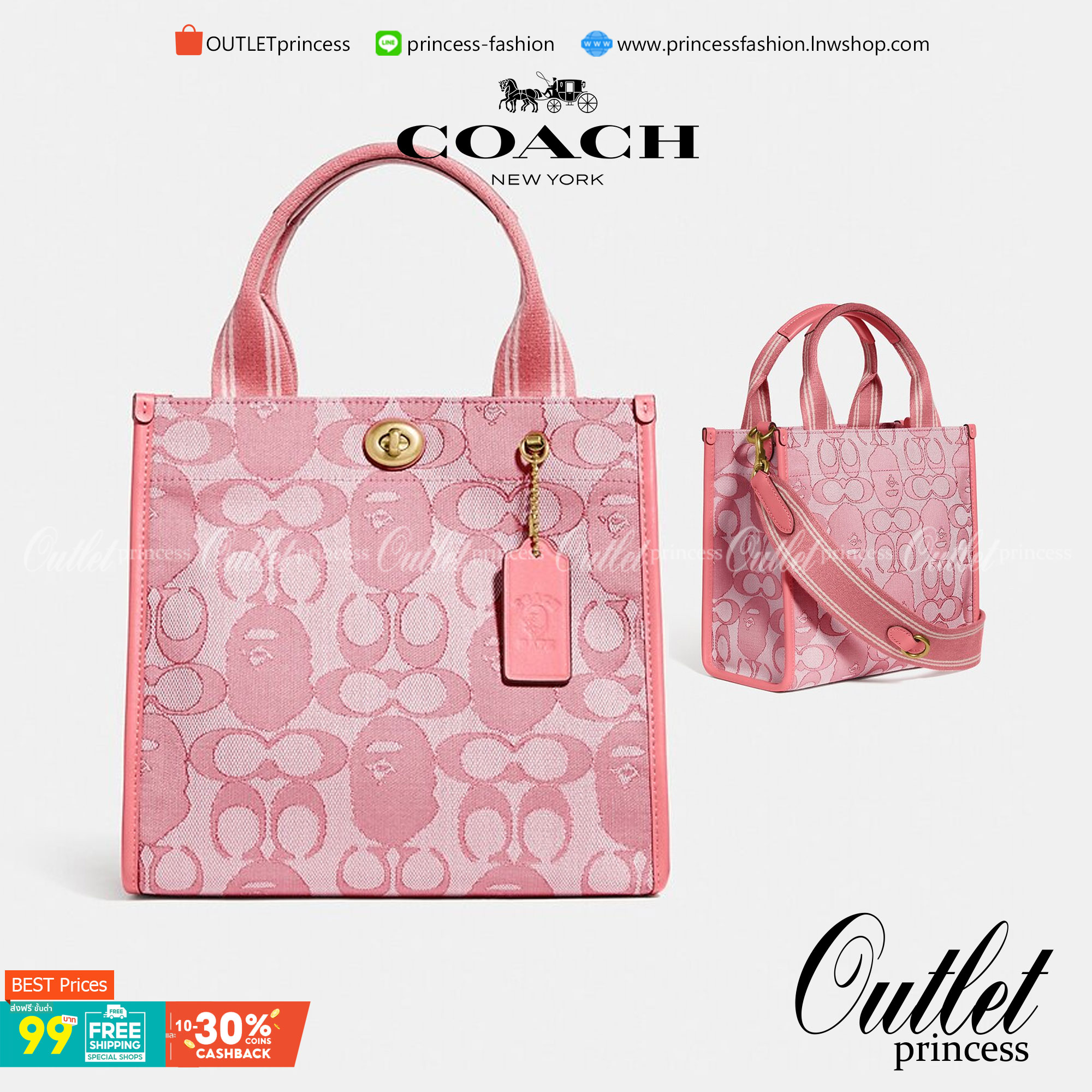 Coach Bape X Coach Tote 22 In Signature Jacquard กระเป๋าถือและครอสบอดี้โท้ทมินิไซส์ รุ่นใหม่สุดฮอต!! ใบจริงคือน่ารักม้ากกกก!! สวยอยู่ทรง มี 2 สี น่ารักน่าใช้ วัสดุหนังแคนวาส มาพร้อมหูจับในตัวและสายสะพายข้าง ถอดออกหิ้วเก๋ๆก็ได้ หรือสะพายถ่ายรูปชิคๆก็ดูดี ล