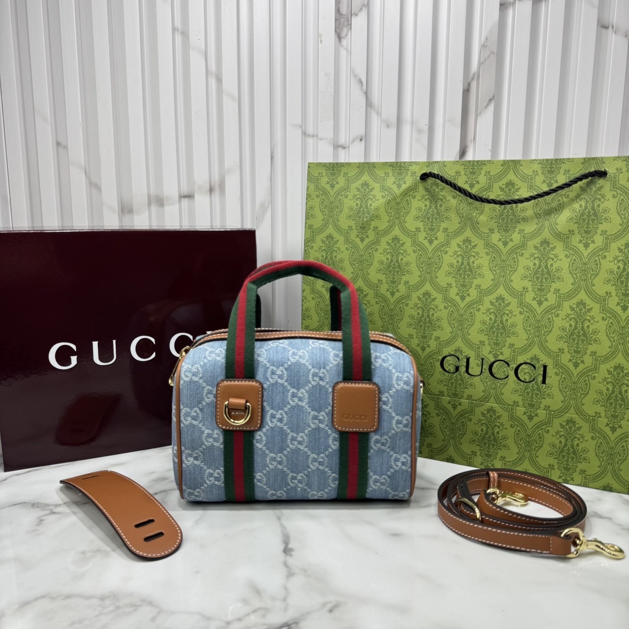 ORI หนังแท้ | Gucci Mini GG handbag denim กระเป๋าสะพายทรงหมอนไซส์มินิ คอลใหม่ดีไซน์เดนิมสวยมาก ตีความรูปทรงกระเป๋าบอสตันโฉมใหม่
