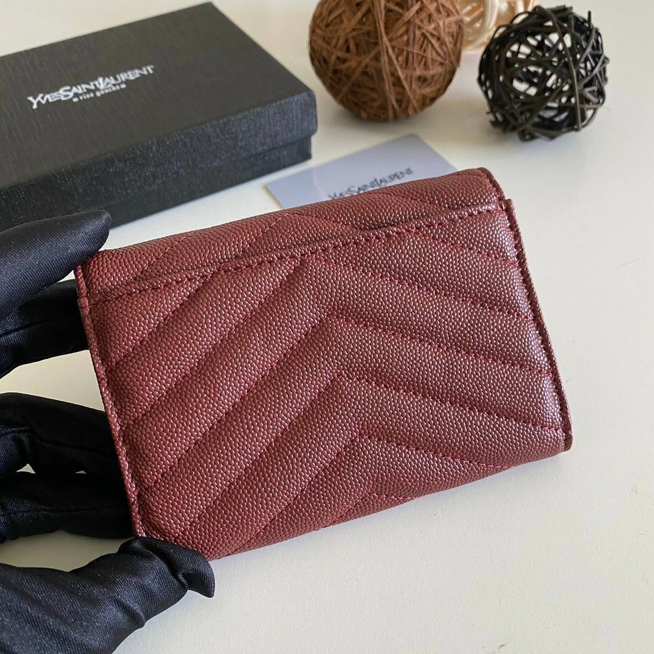 หนังแท้ 12cm YSL SAINT LAURENT GARD HOLDER Small Envelope Monogram Wallet