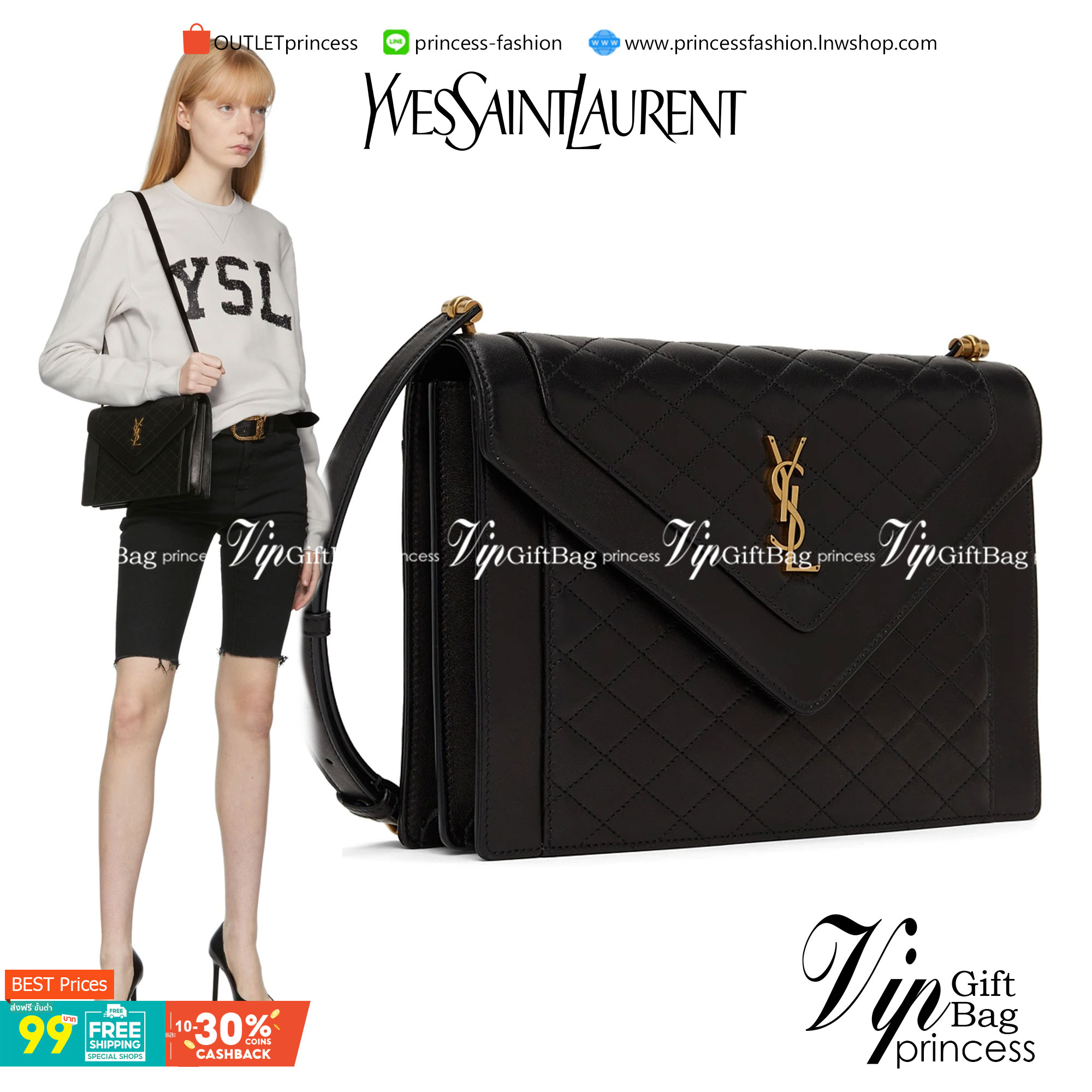 VIP 】YSL SAINT LAURENT Black Lambskin Quilted Gaby Satchel กระเป๋าสะพายทรงแมสเซนเจอร์ เปิดหน้าอะไหล่ทองหรูมากค่ะ วัสดุหนังแท้ Calfskin ทรงสี่เหลี่ยมหนังสวยหรูอยู่ทรงเปิดปิดด้วยฝาปิดโลโก้แบรนด์อะไหล่ทอง ภายในโล่งกว้าง สามารถใส่มือถือของใช้จุกจิกได้เยอะ สาย
