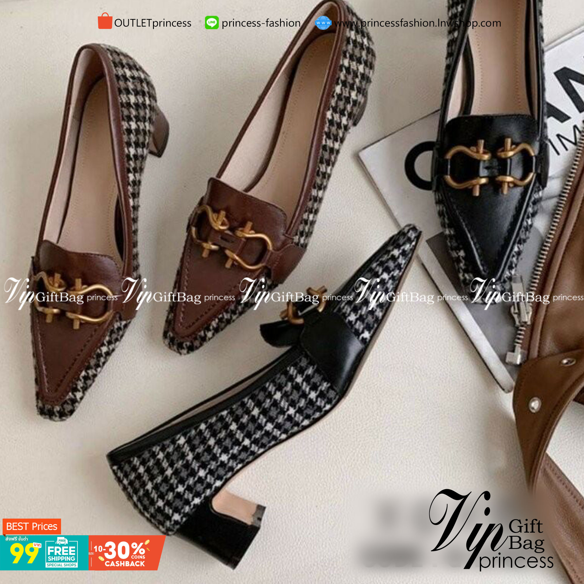 คัชชูหน้าวี ห้วแหลม ทรงเทย์ วัสดุผ้าทวีส ด้านหน้าติดอะไหล่ตะขอเกี่ยวสีทอง สวยงาม แมทส์ชุดง่าย น้ำหนักเบา มีส้นเล็กน้อย กำลังใส่สบาย