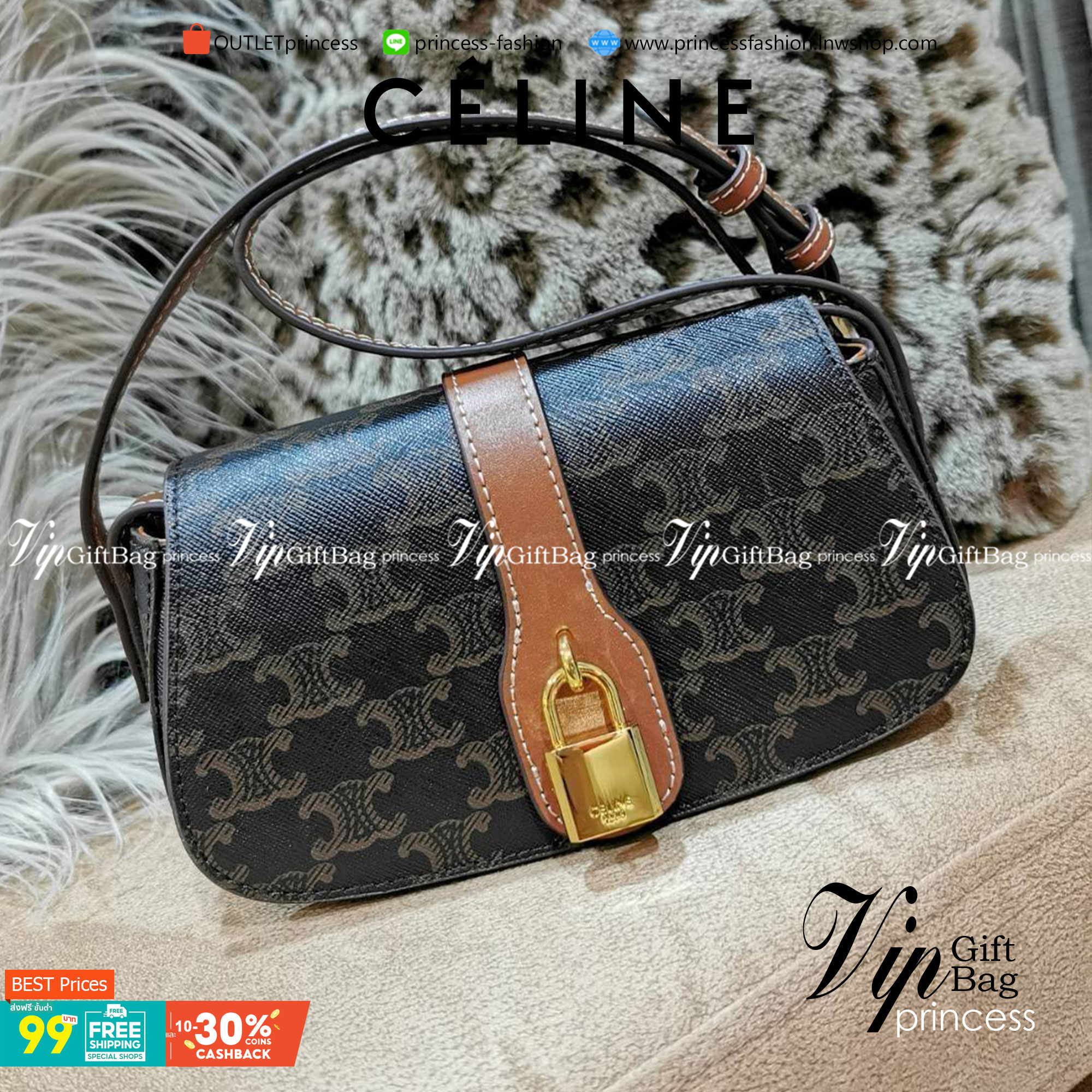 CELINE MINI CROSSBODY BAG VIP GIFT WITH PURCHASE (GWP) กระเป๋าพรีเมี่ยมกิ๊ฟ Limited Edition จาก CELINE PARFUME DUTYFREE COUNTER วัสดุ TRIOMPHE CANVAS ดีไซน์สุดคลาสสิคเปิดปิดด้วยฝาปิดแม่เหล็ก ด้านหน้าตกแต่งด้วยแม่กุญเเจแบรนด์สามารถใช้งานจริงได้ ภายในโล่งมี