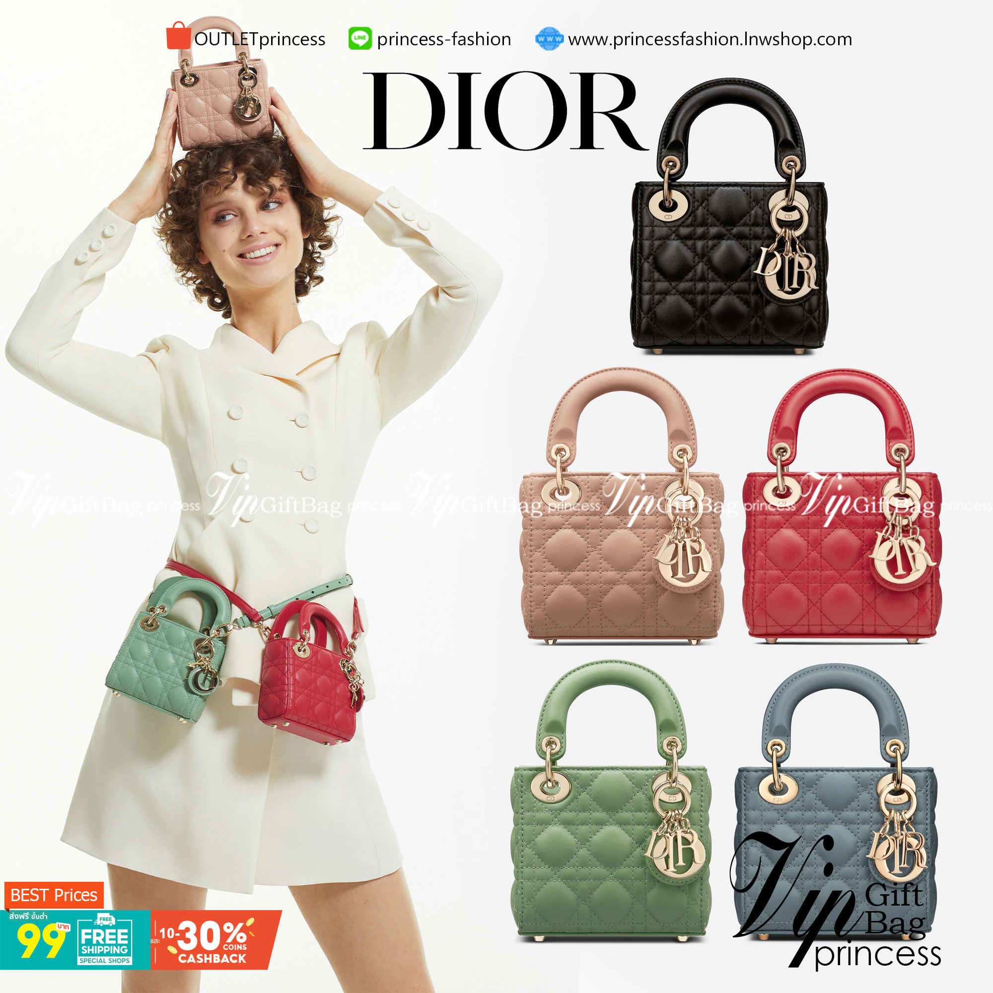 VIP 】หนังแท้ CHRISTIAN DIOR MICRO LADY DIOR BAG Cannage Lambskin
