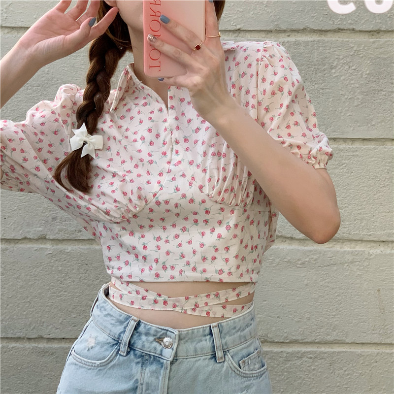 พร้อมส่ง 🍒⛱ Aun tops เสื้อแขนสั้นลายดอกพร้อมลายผูกเอวเข้าเซท (IN37132)