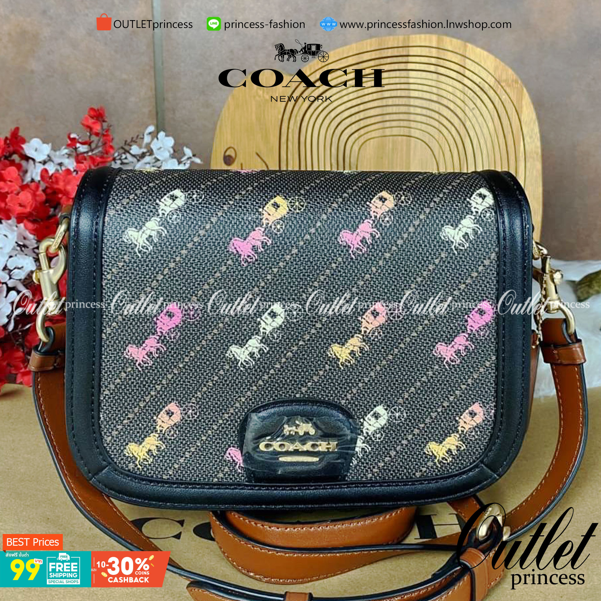 OUTLET 】COACH SADDLE BAG WITH HORSE AND CARRIAGE DOT PRINT (COACH C4059) กระเป๋าสะพายข้าง ลายม้าและรถลาก item ใหม่ที่สาวๆต้องมีนาทีนี้ห้ามพลาด รูปทรงโค้งมน วัสดุ พีวีซี ผ้าใบเคลือบพิมพ์ลายเป็นหนังเรียบ ทนทานและกันคราบสกปรกทั้งสี่ด้านเป็นหนังคุ้มสุดๆ ภายใน