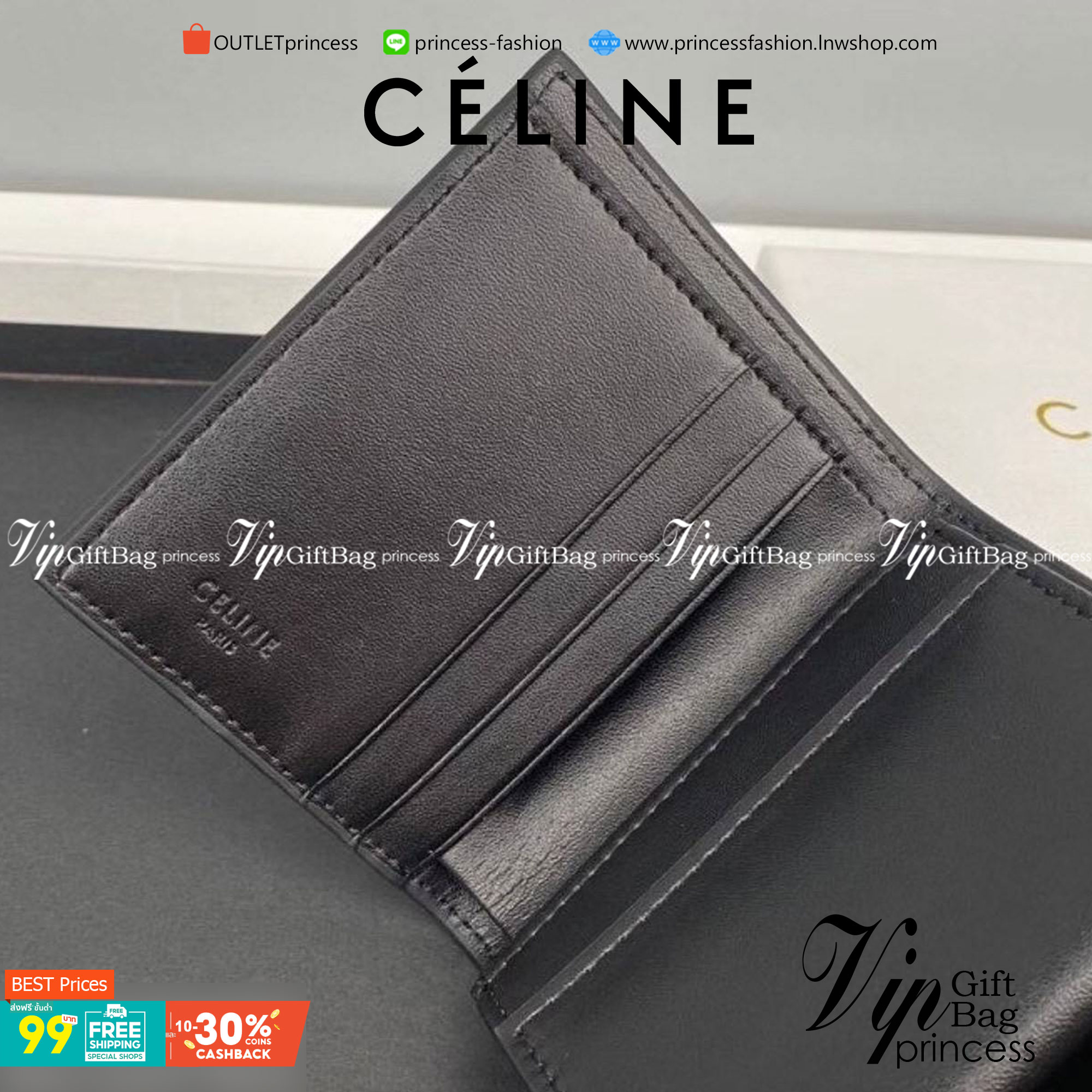 สีใหม่พร้อมส่ง! สีเขียวเหนี่ยวทรัพย์! และสีดำสุดคลาสสิค CELINE SHORT WALLET VIP GIFT WITH PURCHASE (GWP) หนังเรียบสวยอยู่ทรงมีโลโก้ด้านหน้าเปิดปิดด้วยฝาพับกระดุม ภายในมีช่องแบ่งหลายช่อง มีช่องใส่บัตรหลายช่อง ช่องใส่เหรียญ ช่องใส่ธนบัตร ใส่แบงก์พันได้เหมือ