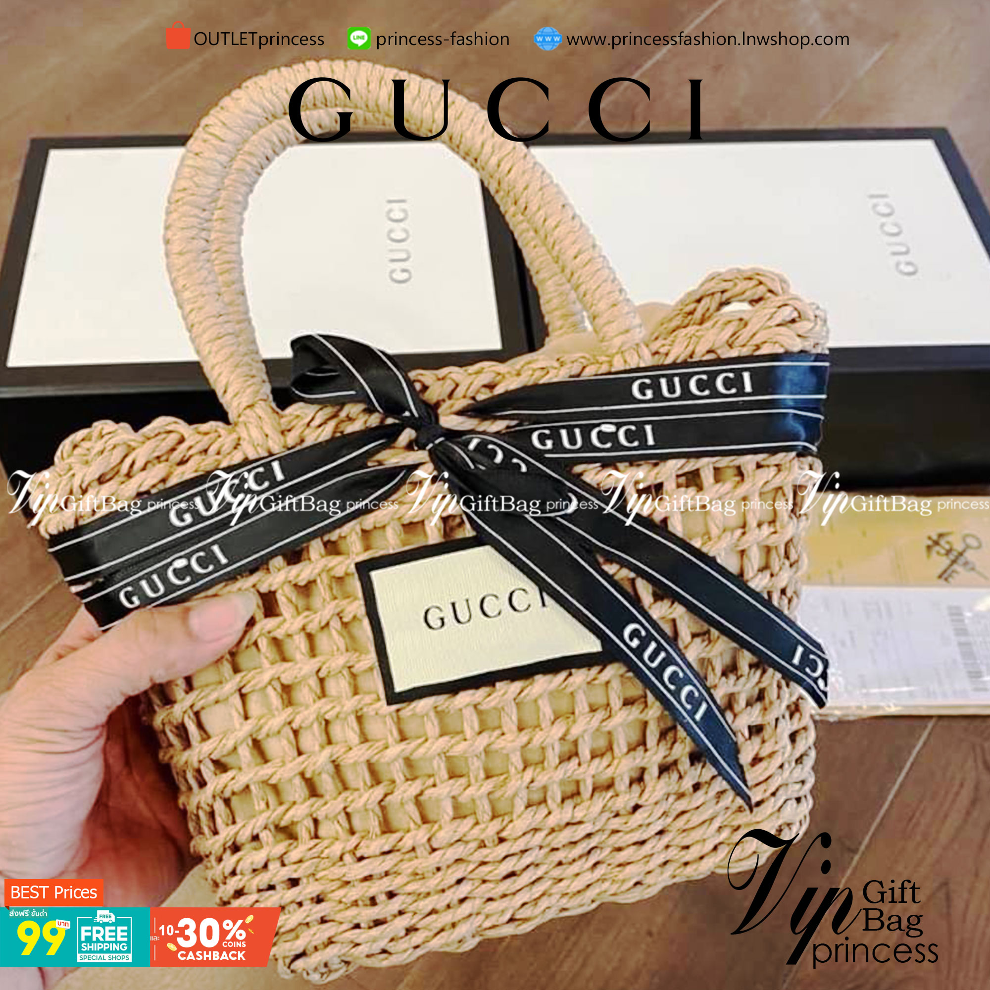 VIP 】กระเป๋าสานมาใหม่Gucci พร้อมสายถักและหูจับ โลโก้แบรนด์ และโบว์แบรนด์ สวยมากค่ะ ขนาด 7”
