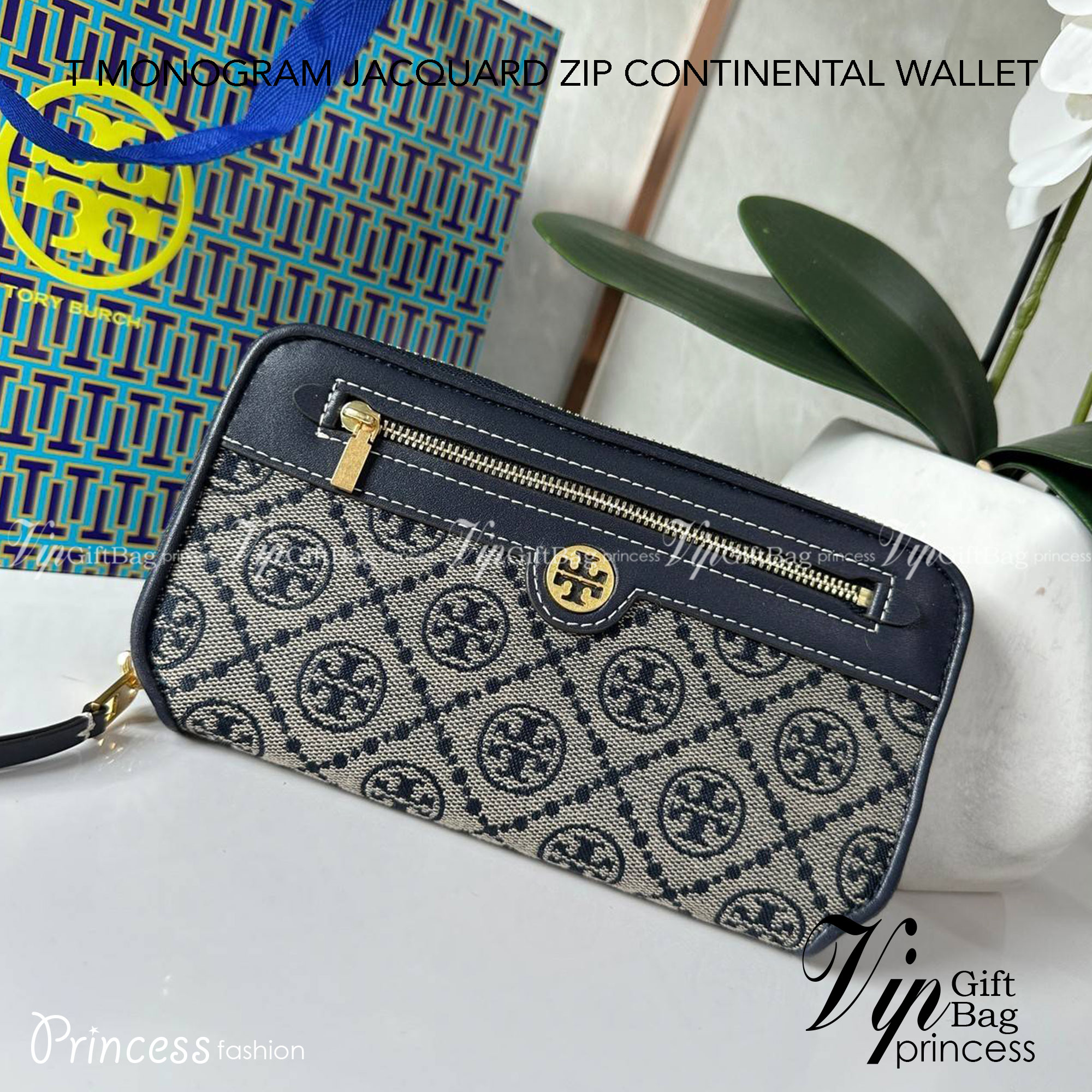 TORY BURCH T MONOGRAM JACQUARD ZIP CONTINENTAL WALLET 79383 กระเป๋าสตางค์ผ้าแคนวาสลายโมโนแกรมตัว T