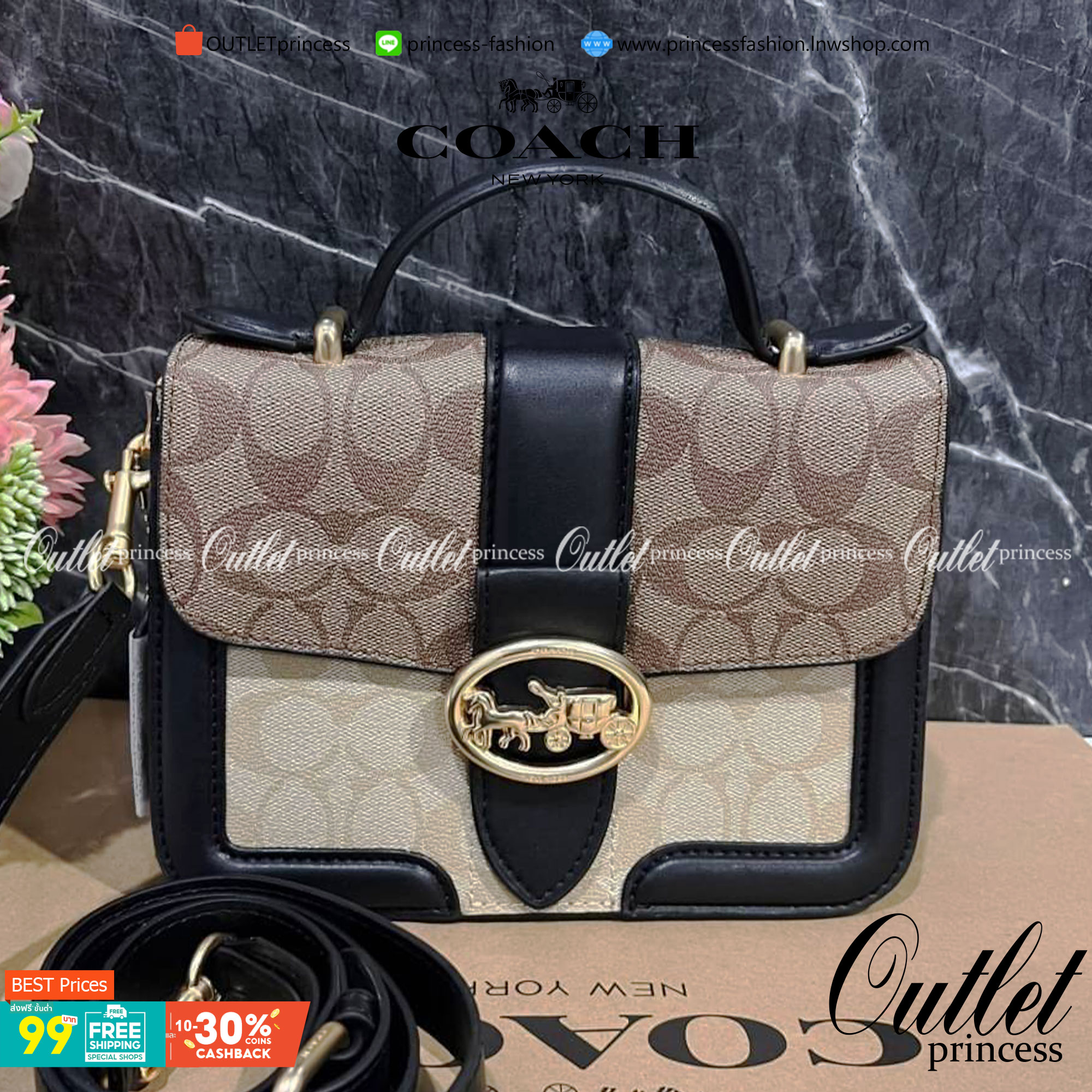 COACH SMALL GEORGIE TOP HANDLE IN BLOCKED SIGNATURE CANVAS ((6504//0468//6192//6015)) compact body portable shoulder bag 🌈ห้ามพลาด รุ่นแนะนำค่าา! พร้อมส่งทันที! กระเป๋าหิ้ว//สะพายข้างได้ วัสดุหนังแท้ 🔺หนึ่งใบทำลายหนังผสมกัน3แบบได้ลงตัวสวยง