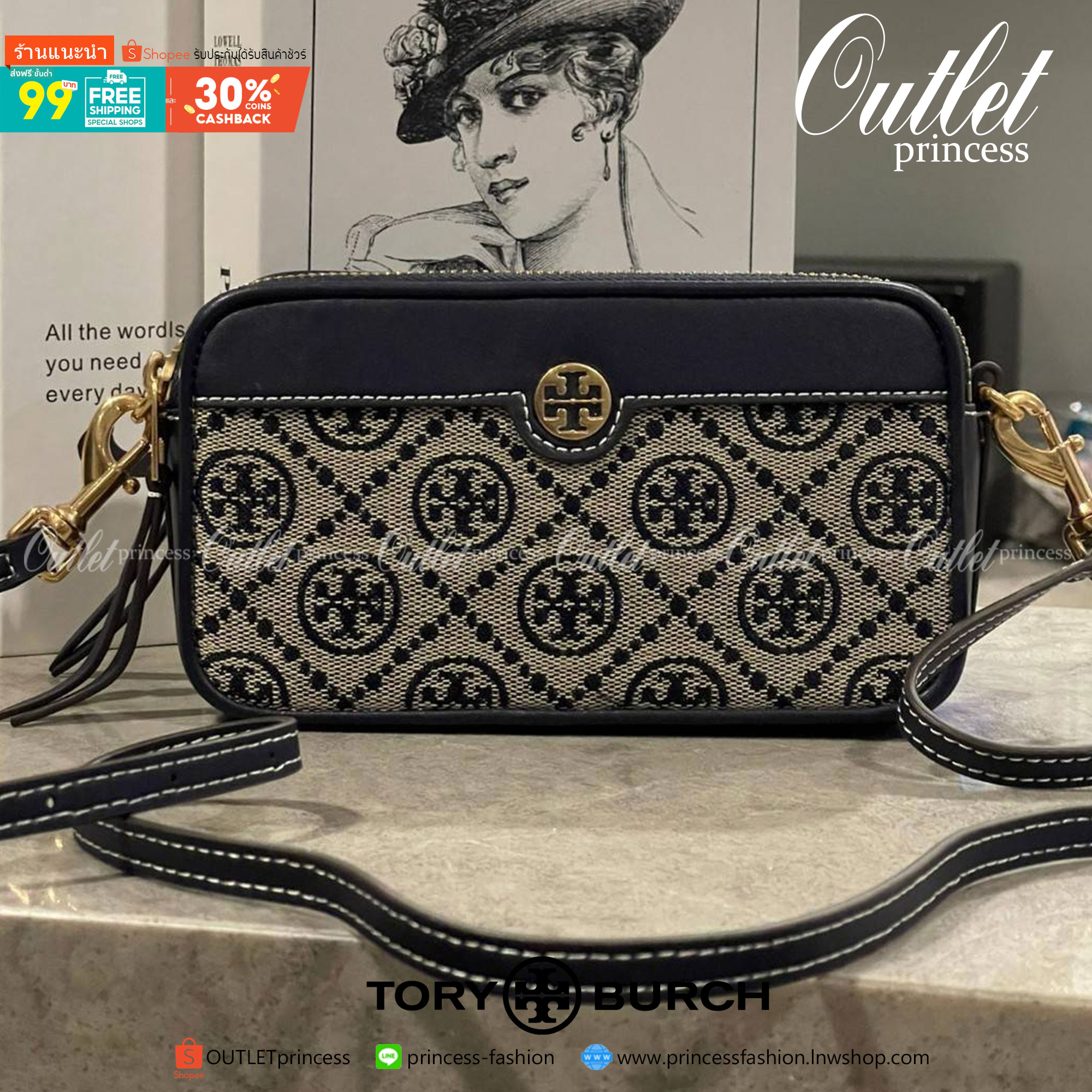 ของแท้ 💯% Tory burch t monogram jacquard double-zip mini bag พลาดไม่ได้กับTory burch ที่รนำเอาลวดลาย T Monogram มารังสรรค์ลงบนไอเท็มต่างๆ ในคอลเล็กชั่นการทอลายแบบแจ็กการ์ดสุดประณีต