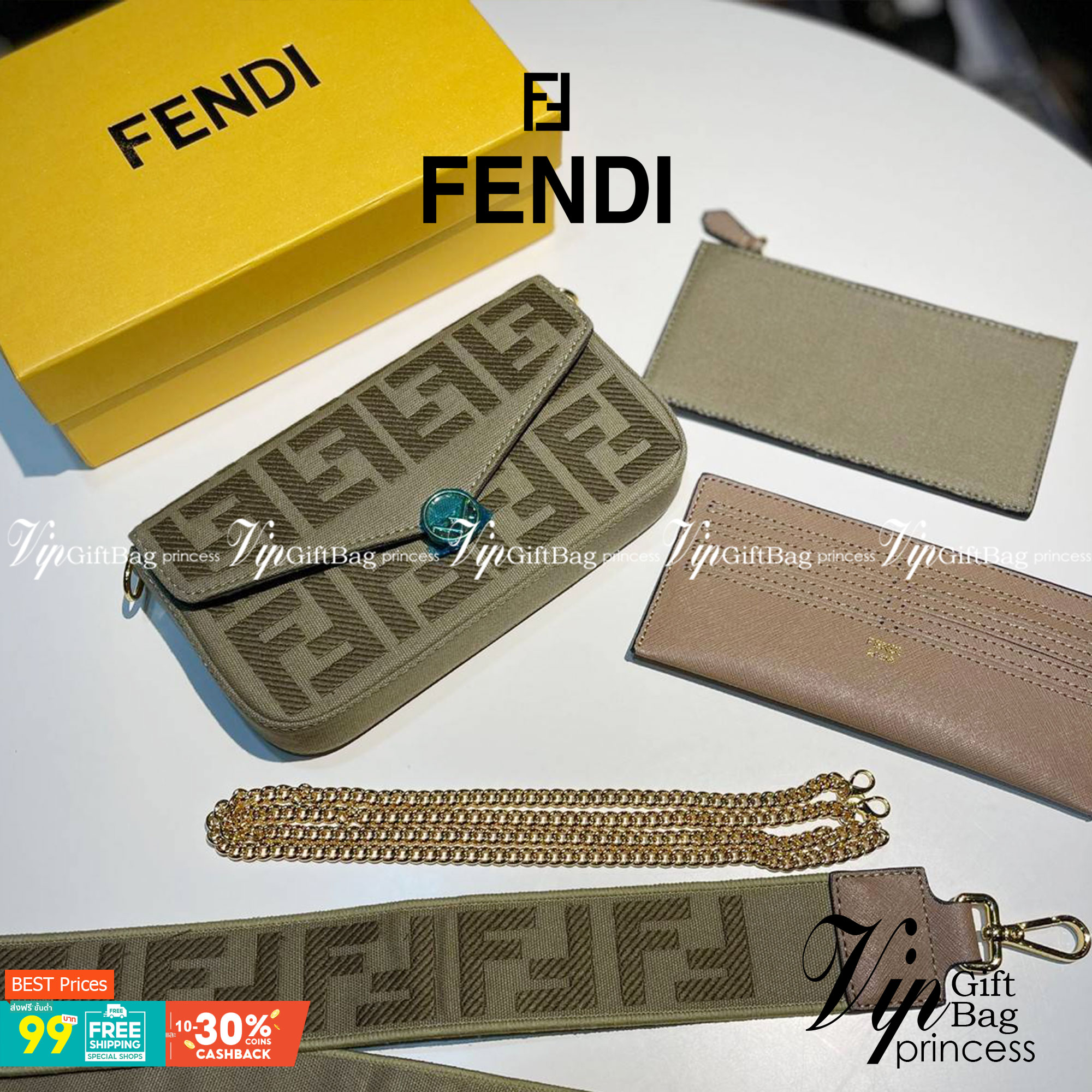 หนังแท้ Fendi Wallet On Chain With Pouches leather mini-bag กระเป๋าสะพายข้างทรงเหลี่ยมตกแต่งด้วยโลโก้ Fendi กระดุมแป๊ก มาพร้อมกระเป๋าด้านในแบบถอดได้ถึง 2ใบ สุดคุ้ม พร้อมสายโซ่และสายสปอร์ตถอดออกได้ ไอเท็มนี้ไม่ควรพลาดเลยค่าา