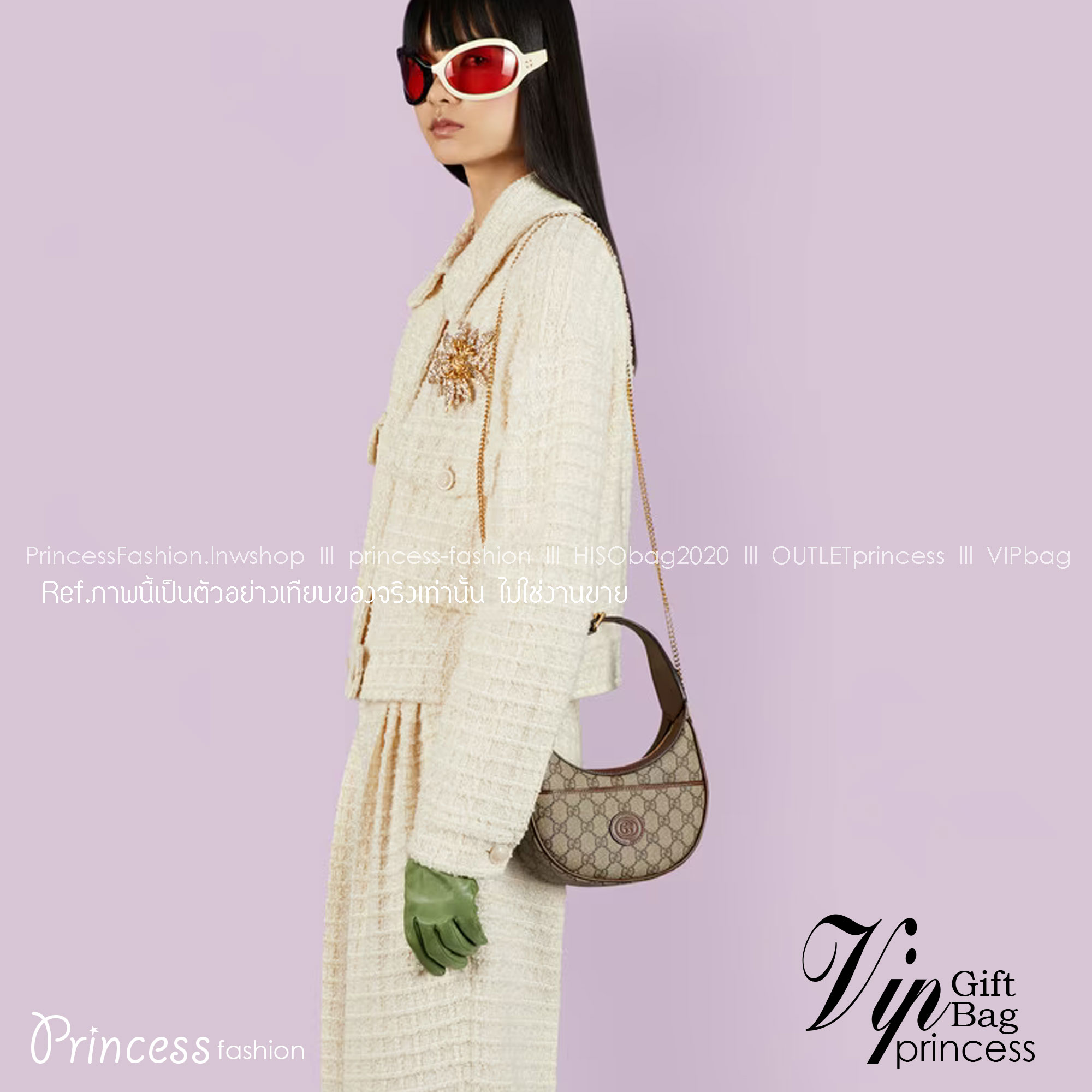 GUCCI GG half-moon-shaped mini bag เกรดออริจินอล ภาพสินค้าถ่ายจากงานขายจริง ใช้งานต่างประเทศได้ รูปทรงพระจันทร์เสี้ยวบนผ้าแคนวาส GG Supreme