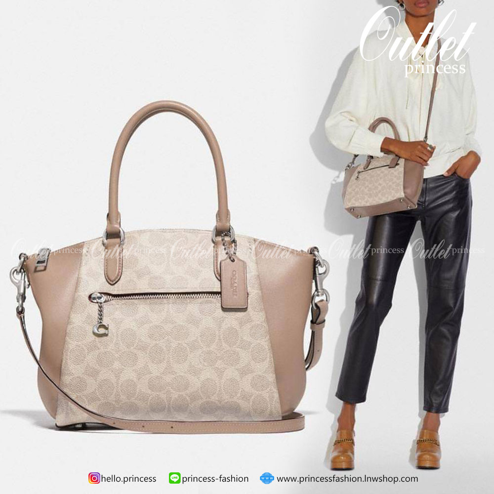 Coach Elise Satchel In Signature Canvas Product Details Signature coated canvas and refined calf leather Inside zip and snap pockets Zip-top closure, fabric lining Handles with 4 1/2" drop Outside zip pocket