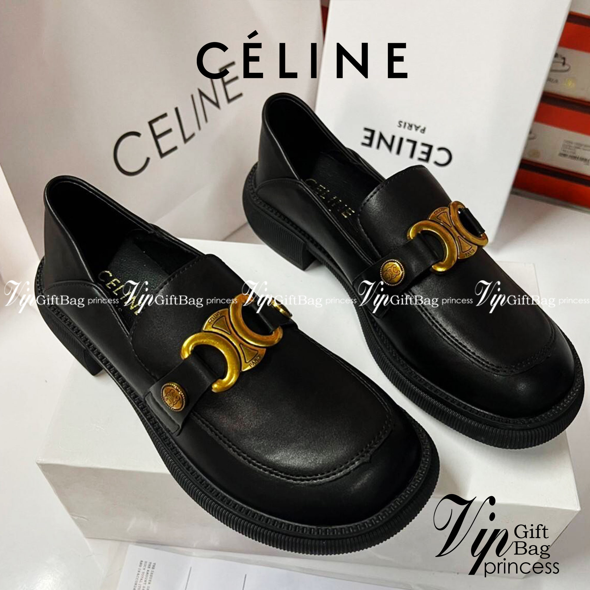 หนังแท้ CELINE LOAFER TRIOMPHE BLACK CALFSKIN LINING / Celine Shoes ภาพสินค้าถ่ายจากงานขายจริง ใช้งานต่างประเทศได้