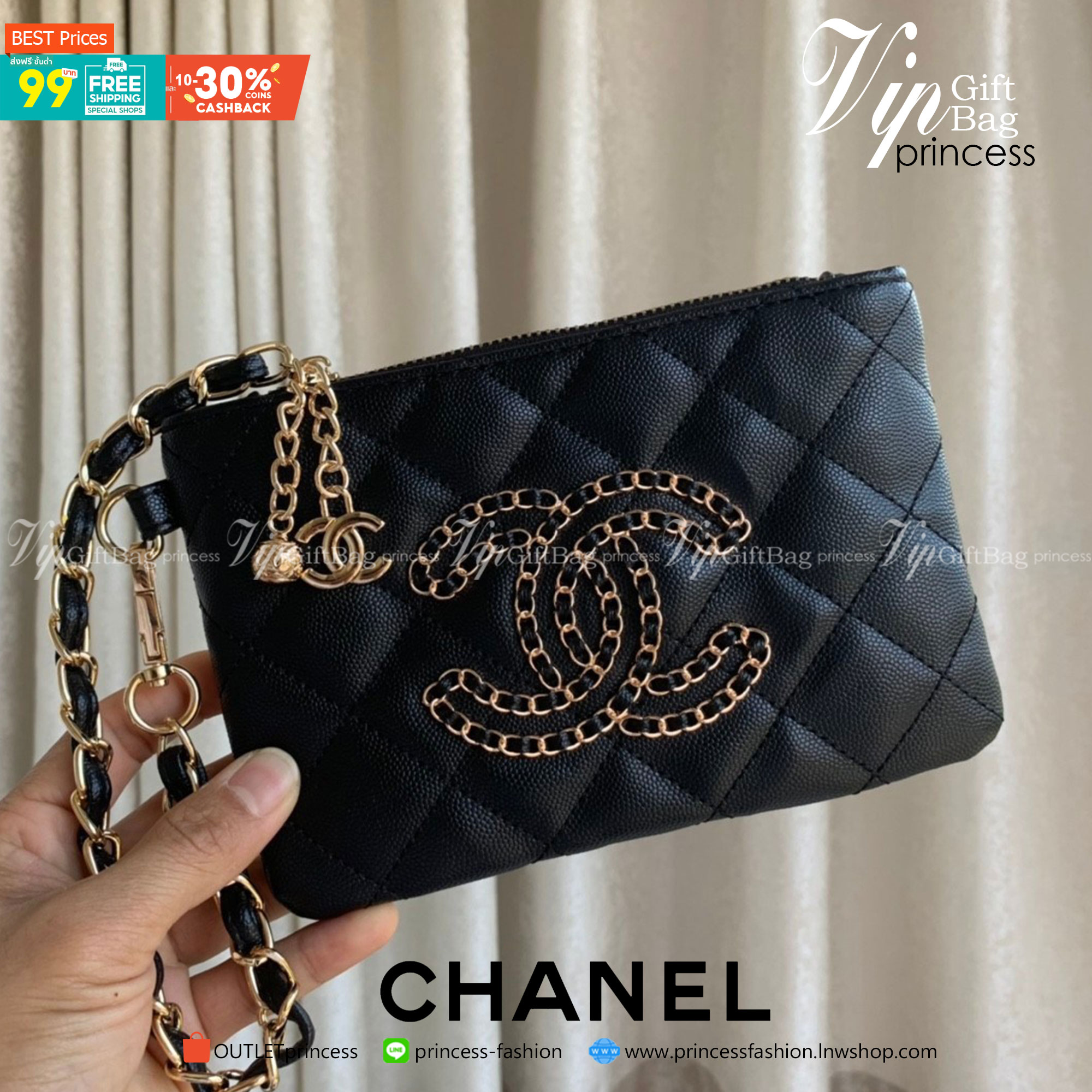 SIZE MINI พร้อมส่งรุ่นขายดี!!! Don't Miss! Chanel Clutch Bag VIP Gift With Purchase (GWP) กระเป๋าคลัชแบนหรือกระเป๋าสตางค์ GWP จาก Chanel Cosmetic Counter Duty free วัสดุหนังคาเวียร์สวยหรูเปิดปิดด้วยซิปสะดวกใช้ ด้านหน้าประดับโลโก้แบรนด์อะไหล่ทองและมี1