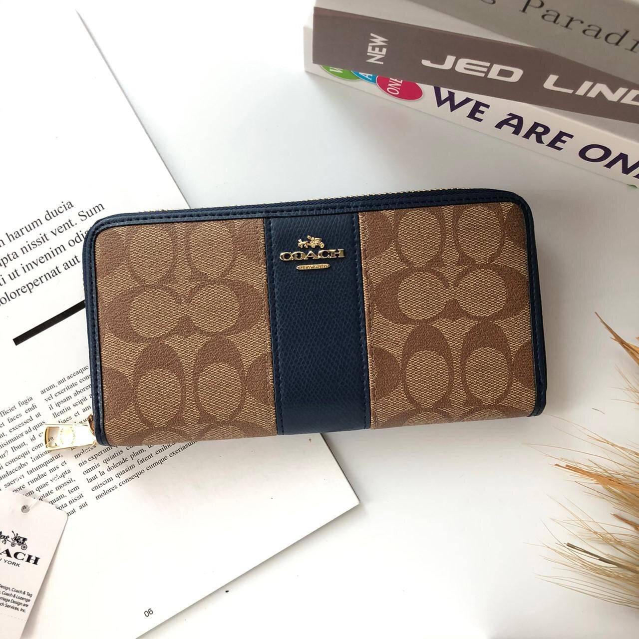 ของแท้ COACH Accordion Zip Wallet in Signature Coated Canvas with Leather กระเป๋าสตางค์ใบยาว เปิด-ปิดกระเป๋าด้วยซิปรอบ