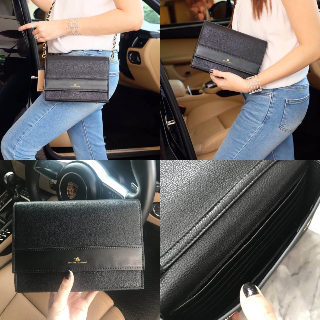 David Jones Clutch Bag กระเป๋าสะพายทรง cluth ขนาดกำลังดี วัสดุหนังวัวแท้ หนังนิ่ม ตัวกระเป๋าเปิดปิดด้วยกระดุมแม่เหล็ก ภายในมีช่องเล็กใบบัตร ด้านหลังมีอีก 1 ช่องใส่โทรศัพท์ได้ค่ะ มาพร้อมสายยาวถอดได้ สะพาย crossbody ได้ค่ะ คุ้มค่าคุ้มราคา