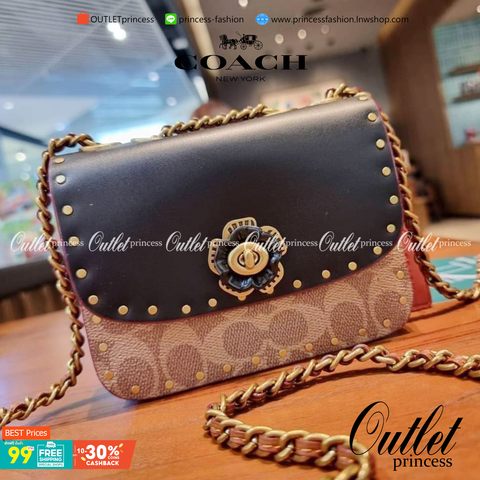 COACH C2462 MADISON SHOULDER BAG 16 IN SIGNATURE CANVAS WITH RIVETS กระเป๋าสะพายข้าง ไซส์กะทัดรัด พกพาง่าย น้ำหนักเบา ดีไซน์สวย โดดเด่นด้วยตัวล็อครูปดอกไม้ สีสันตกแต่งตัดกันกับลายซีอย่างลงตัว วัสดุหนังแคนวาสเคลือบลาย ภายในแบ่งสัดส่วนให้อย่างดี มาพร้อมสายส